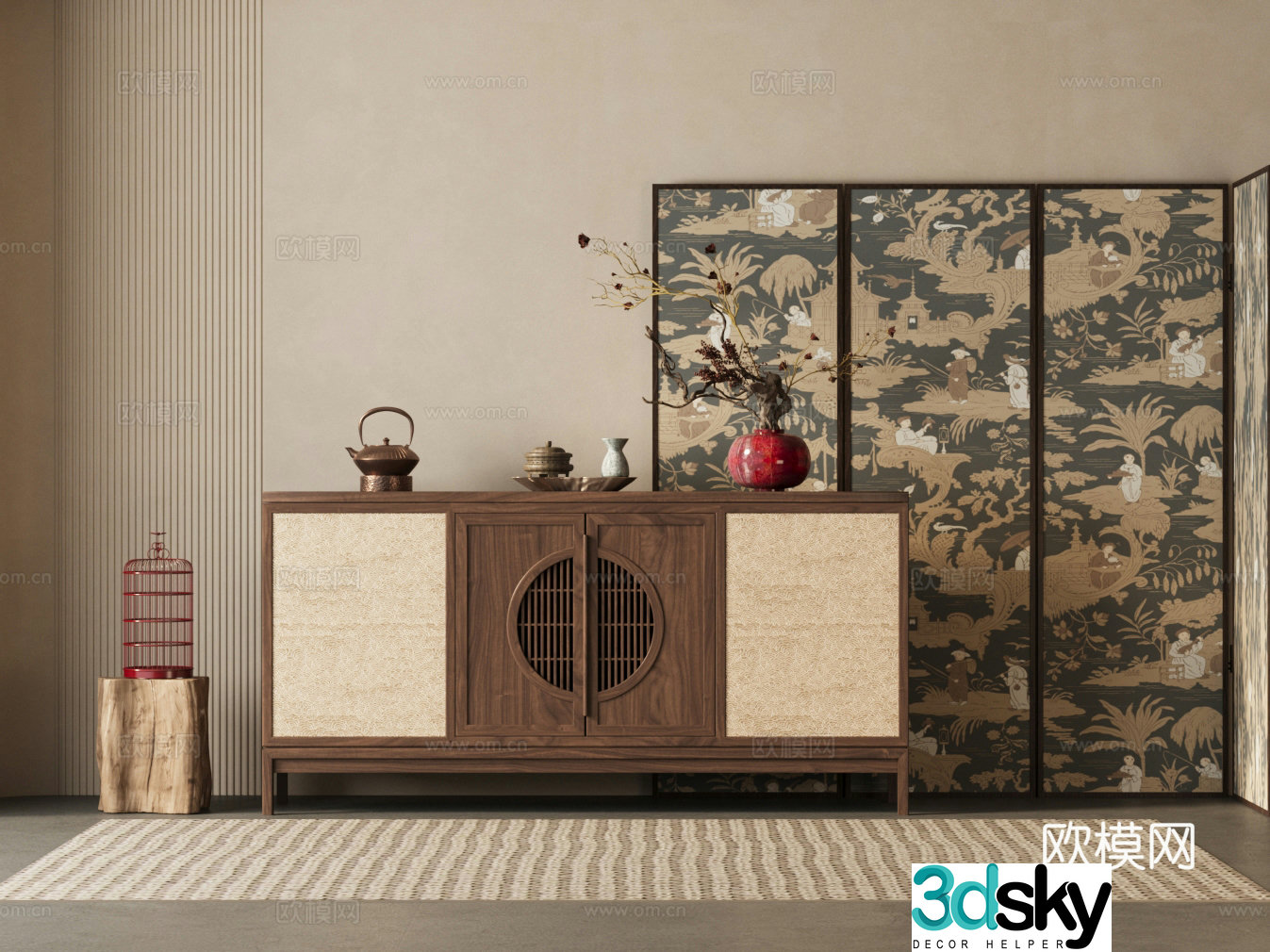New Chinese style chest of drawers side cabinet folding screen floral ornaments 3D model