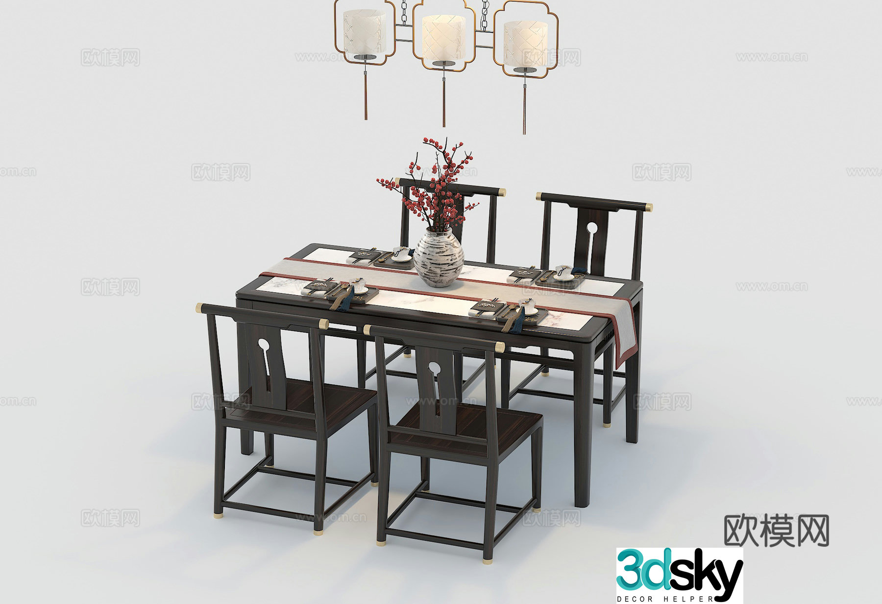 Chinese dining table and chair combination 3D model