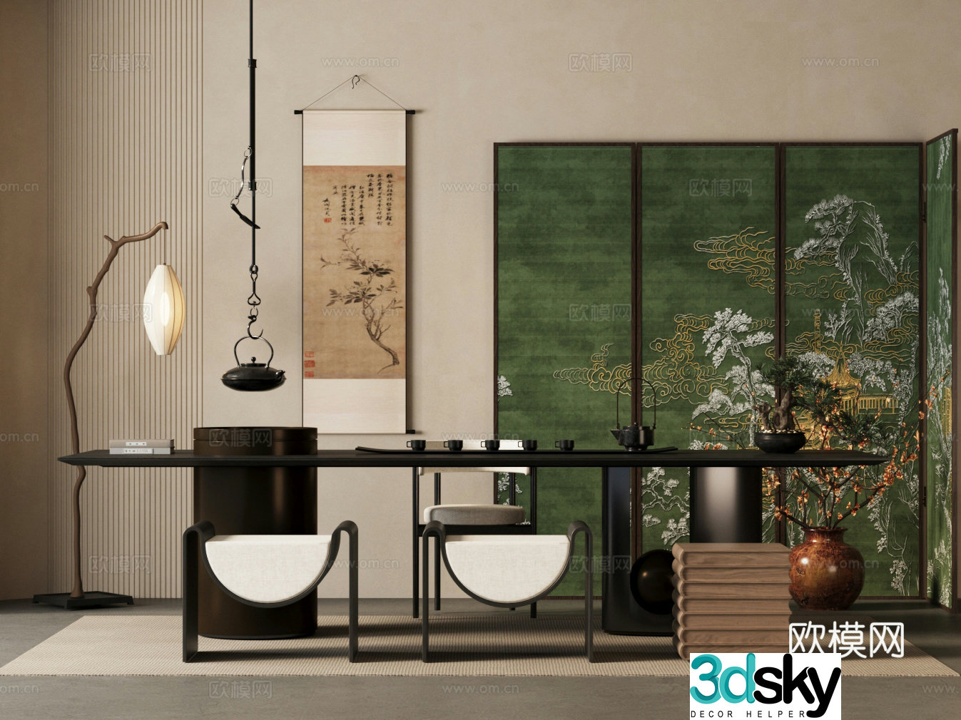 New Chinese-style tea room tea table and chair combination club tea room folding screen home tea room 3D model