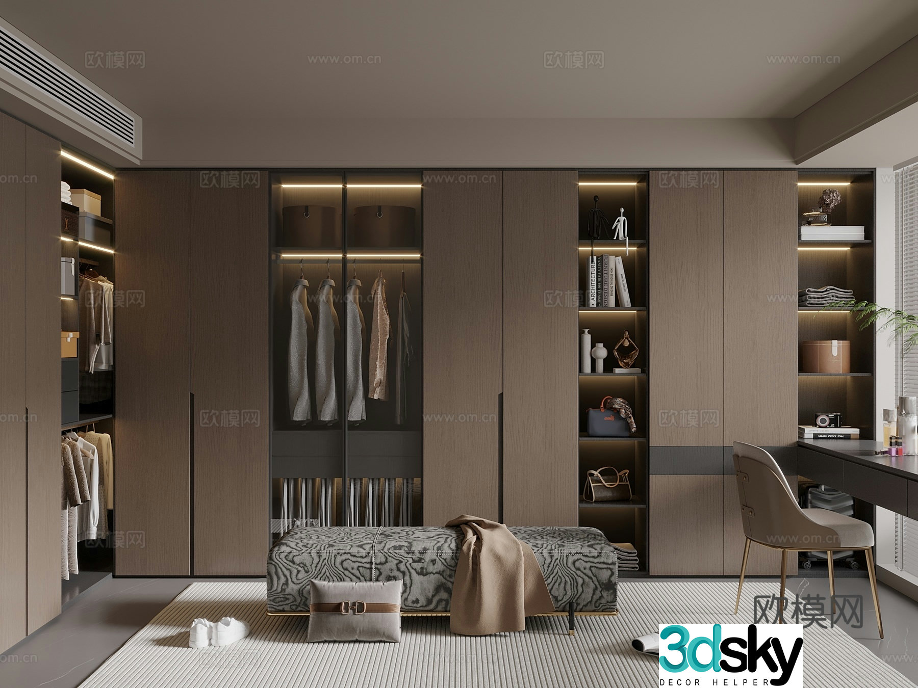 Middle Ages New Chinese Style Cloakroom Master Bedroom Walk-in Cloakroom Corner Cloak 3D Model