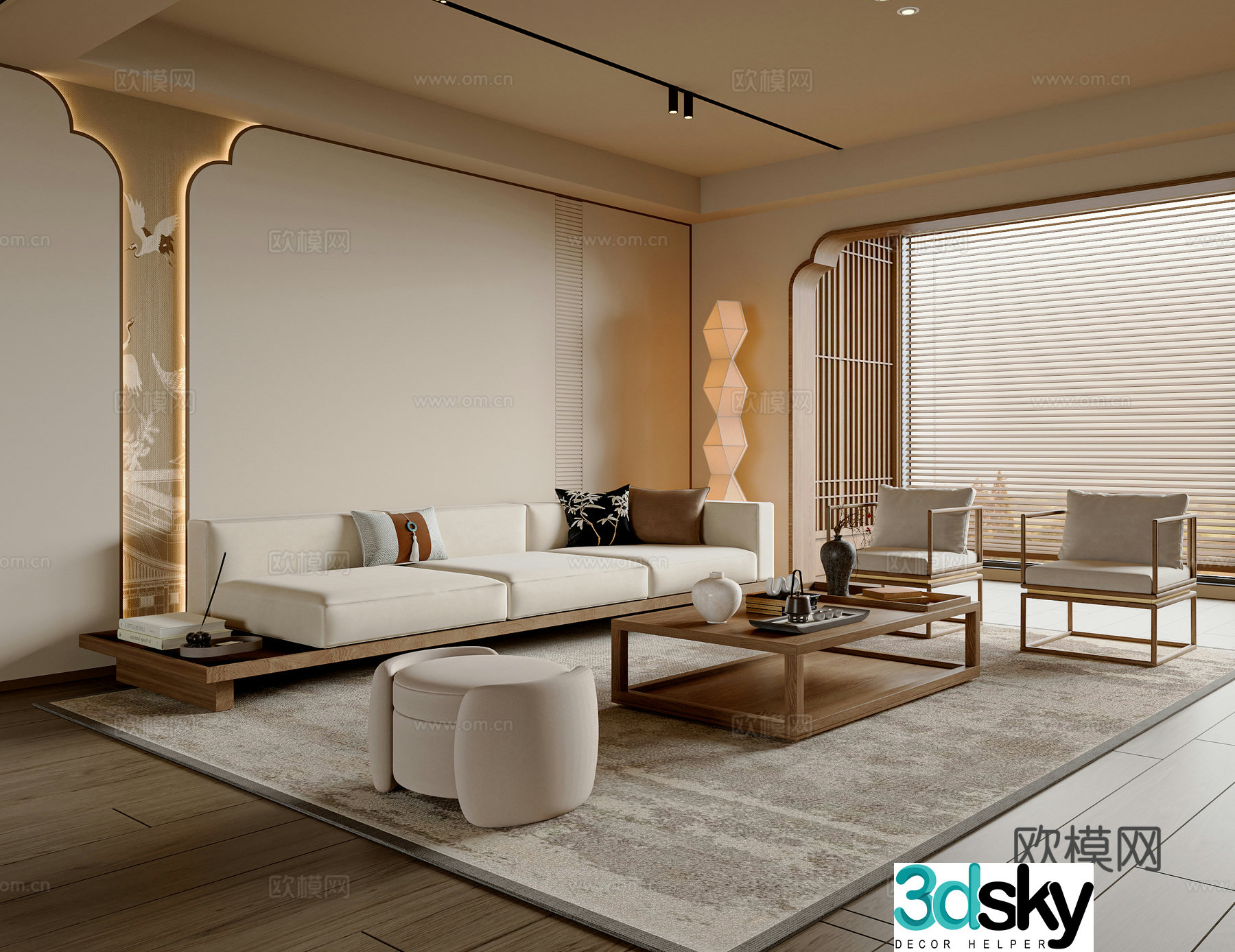 New Chinese style Chinese style living room sofa and coffee table set leisure chair floor lamp punzi Song style 3D model