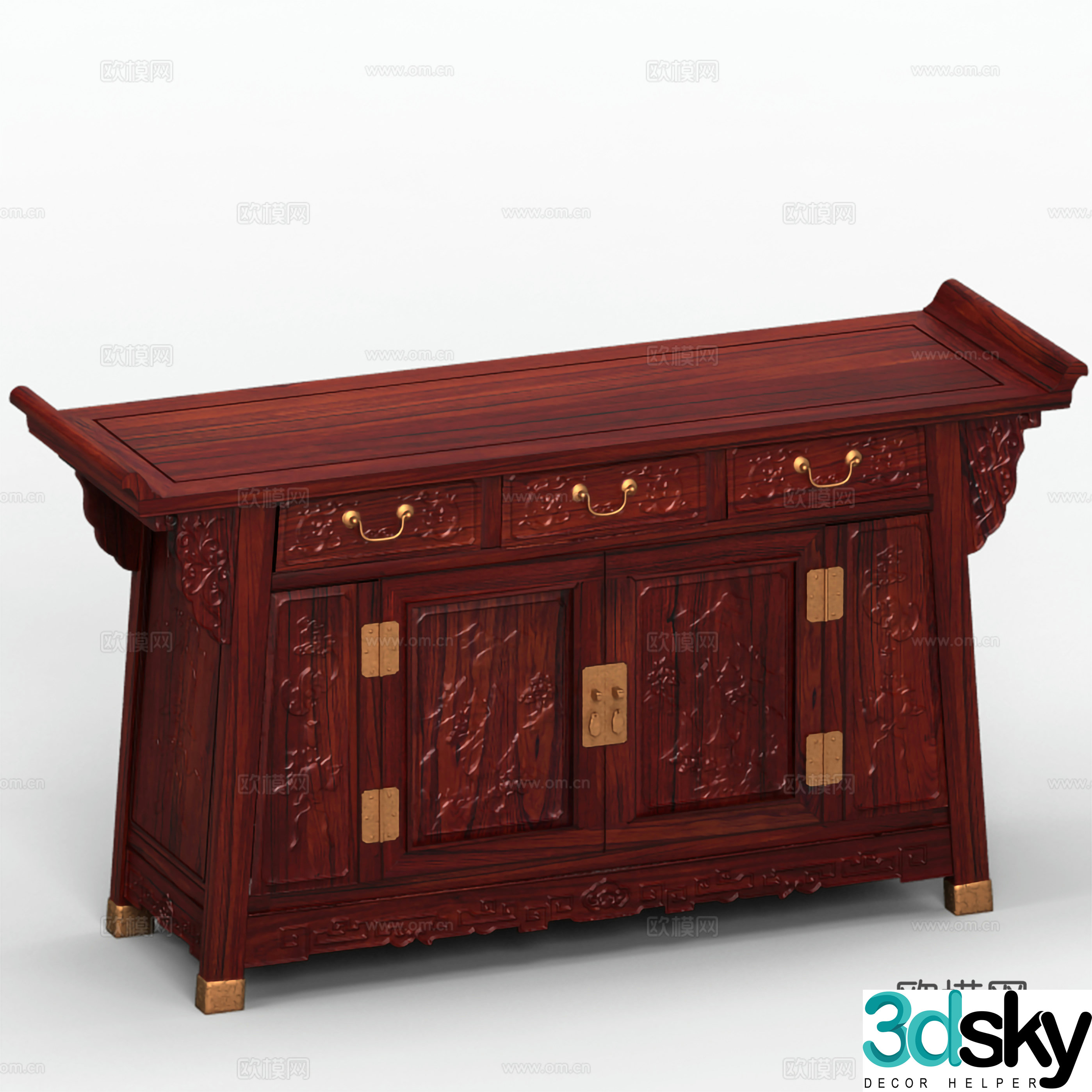 Chinese style triple cabinet altar entrance cabinet carved shape solid wood mahogany 3D model