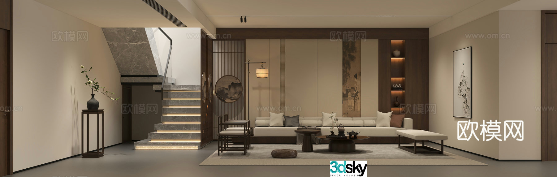 New Chinese style living room sofa Song’s living room coffee table combination Song’s Zen background wall Stair dead branches 3D model