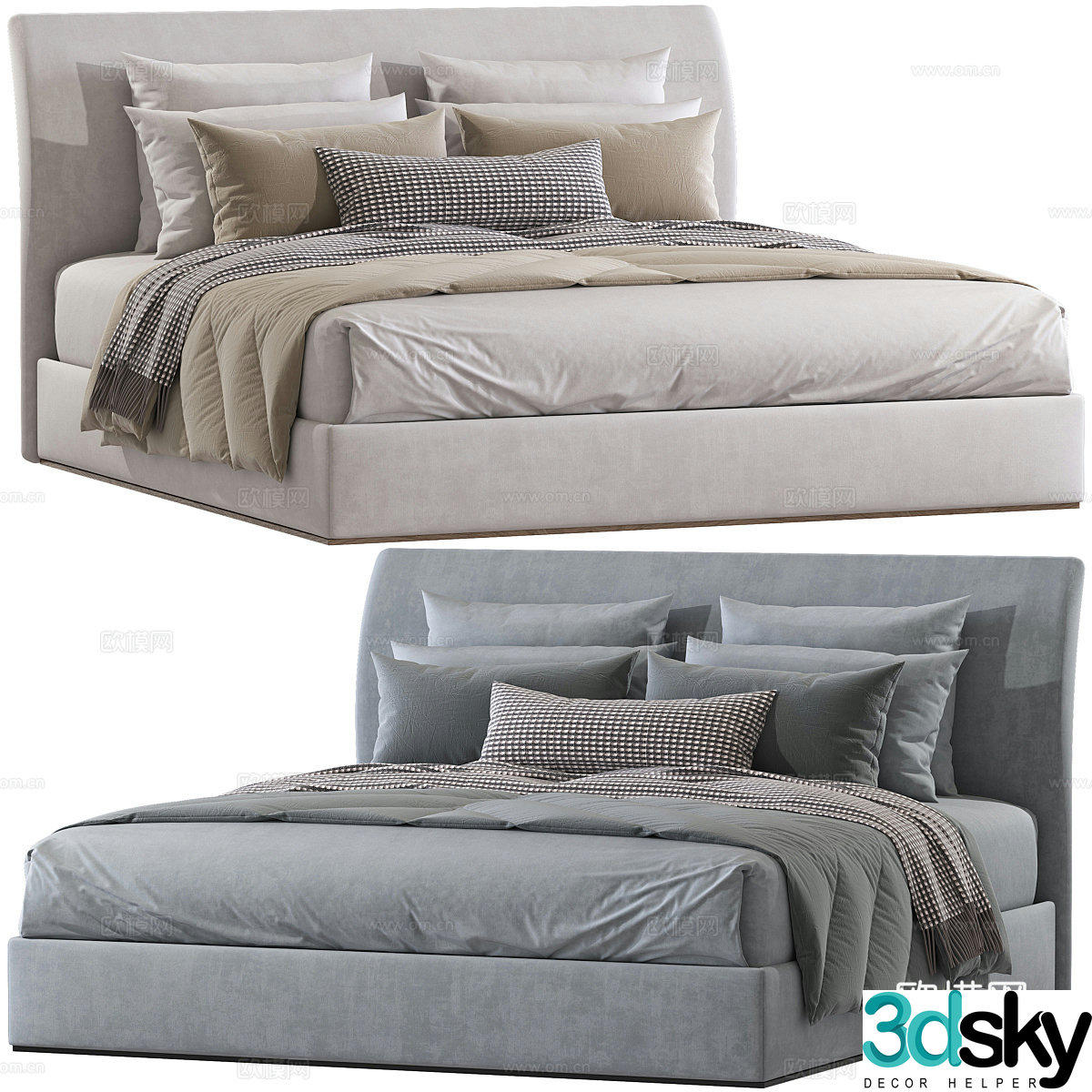 Modern cream style fabric double bed 3d model