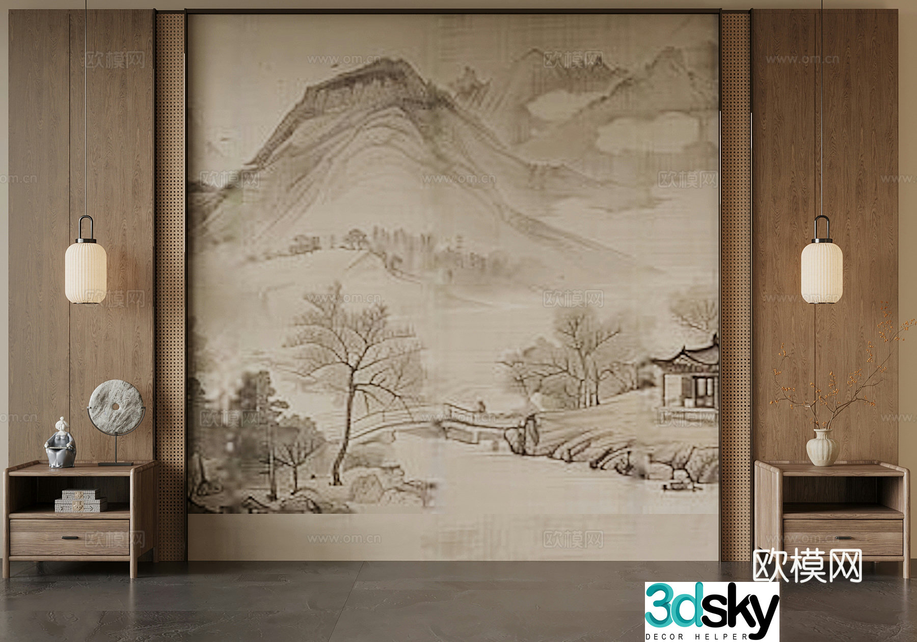21 new Chinese style background wall bedside table 3d model