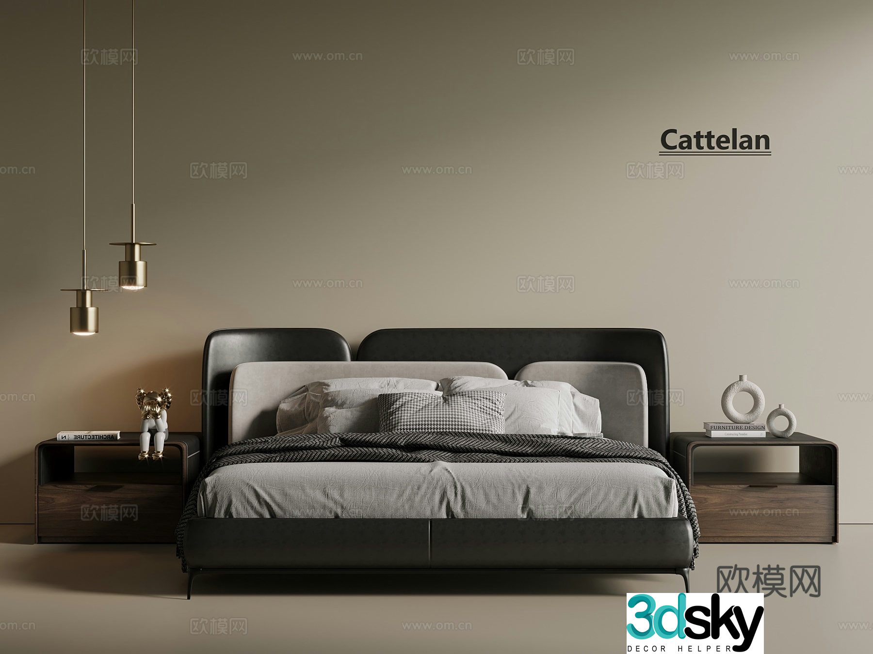 Italian light luxury double bed master bedroom bed nightstand bed chandeliers bedside lamp 3D model