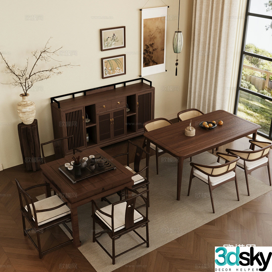 New Chinese dining table and chair combination chest of drawers floral ornaments 3D model