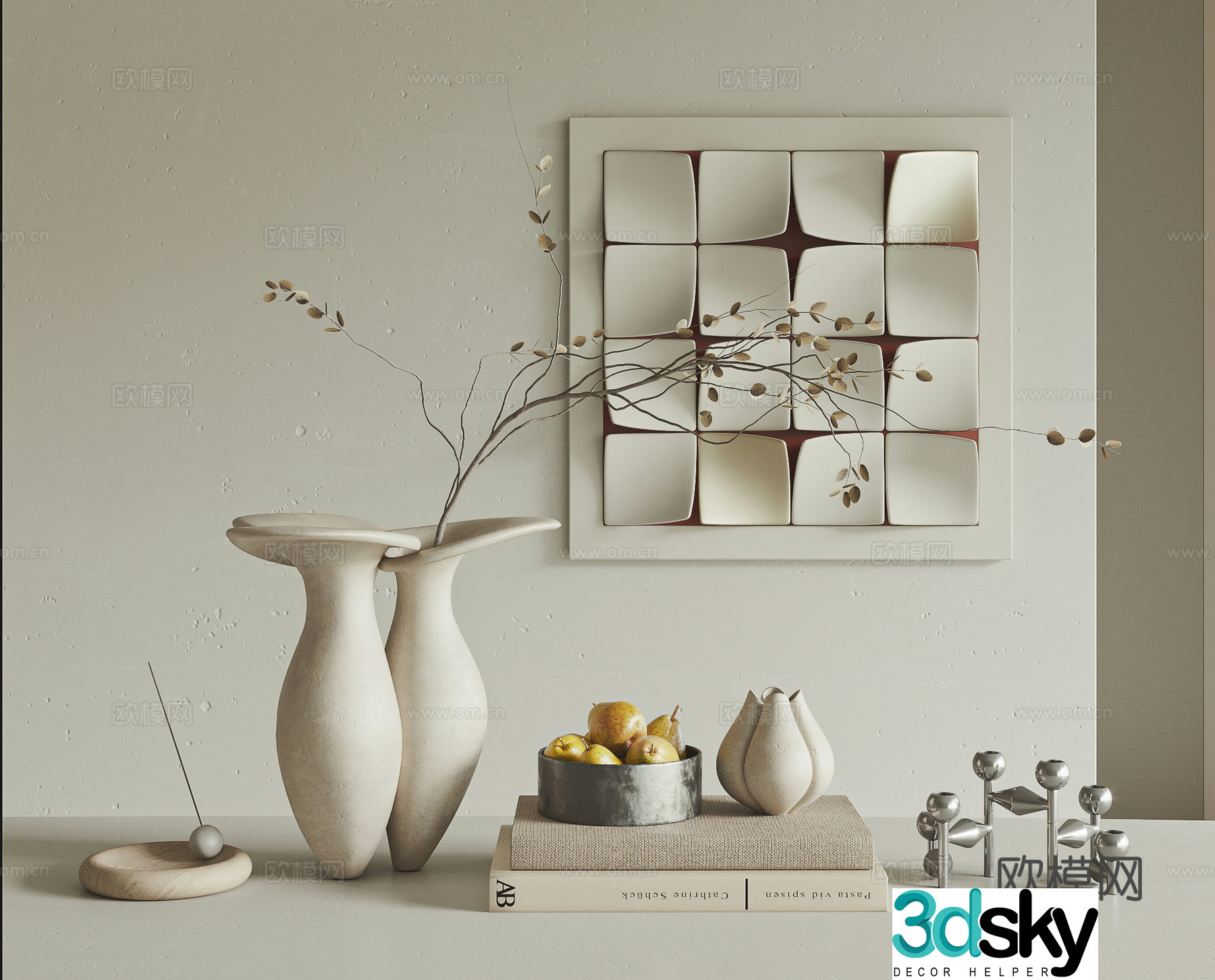 Wasabi wind ornament combination vase hanging painting fruit plate book candle three-dimensional painting furnishings 3D model