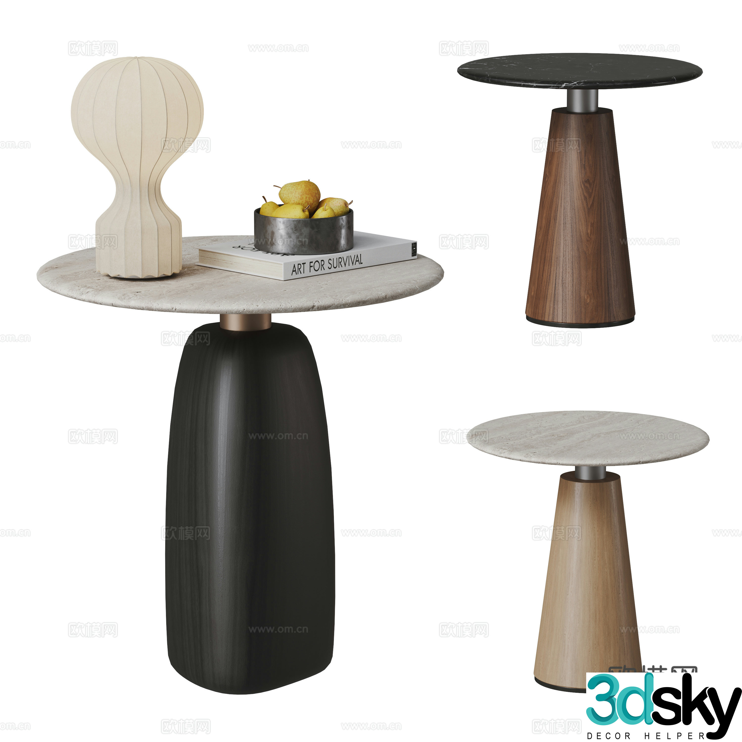 Modern medieval Italian style side combination round side table solid wood side table stone 3D model