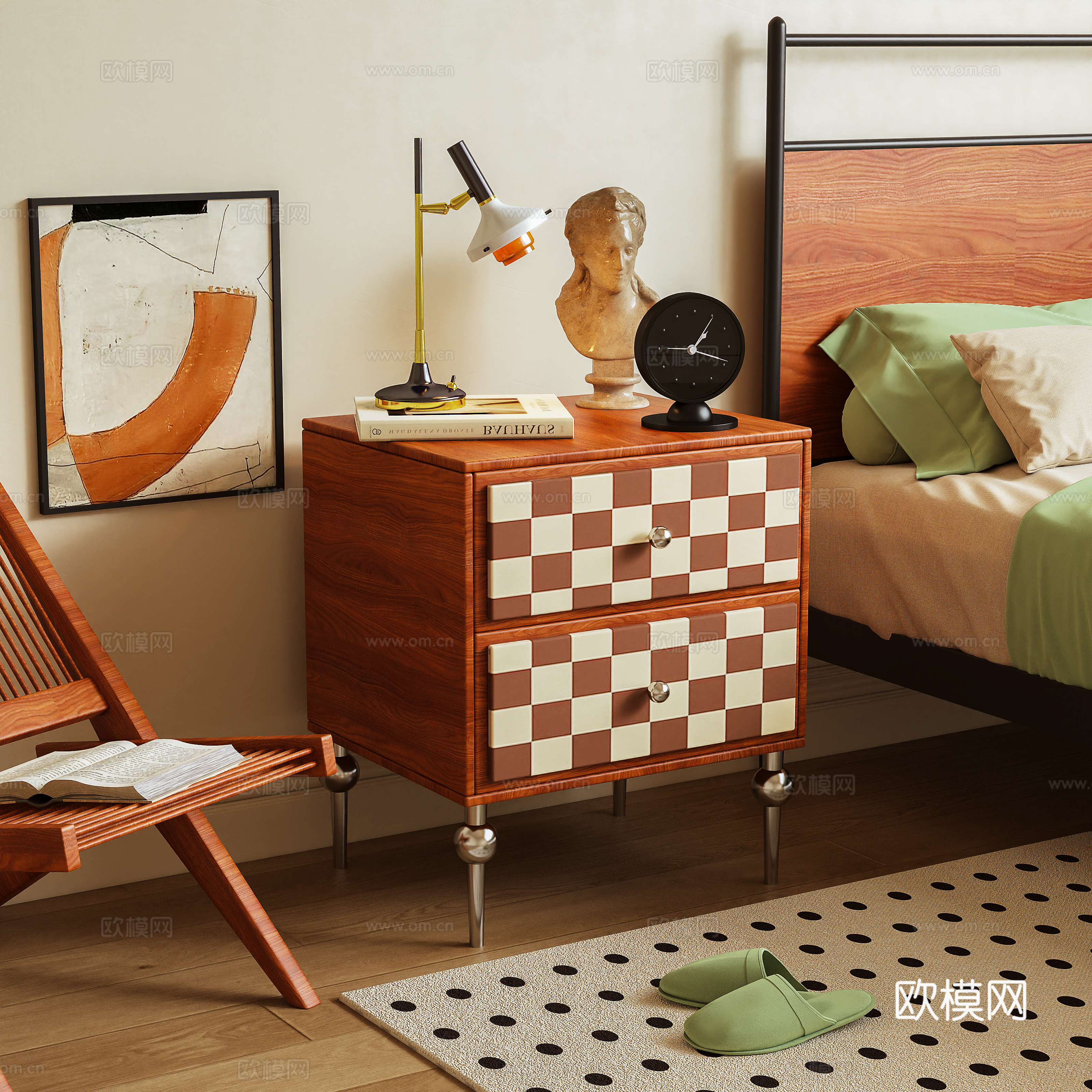 Log wind bedside table side cabinet 3d model