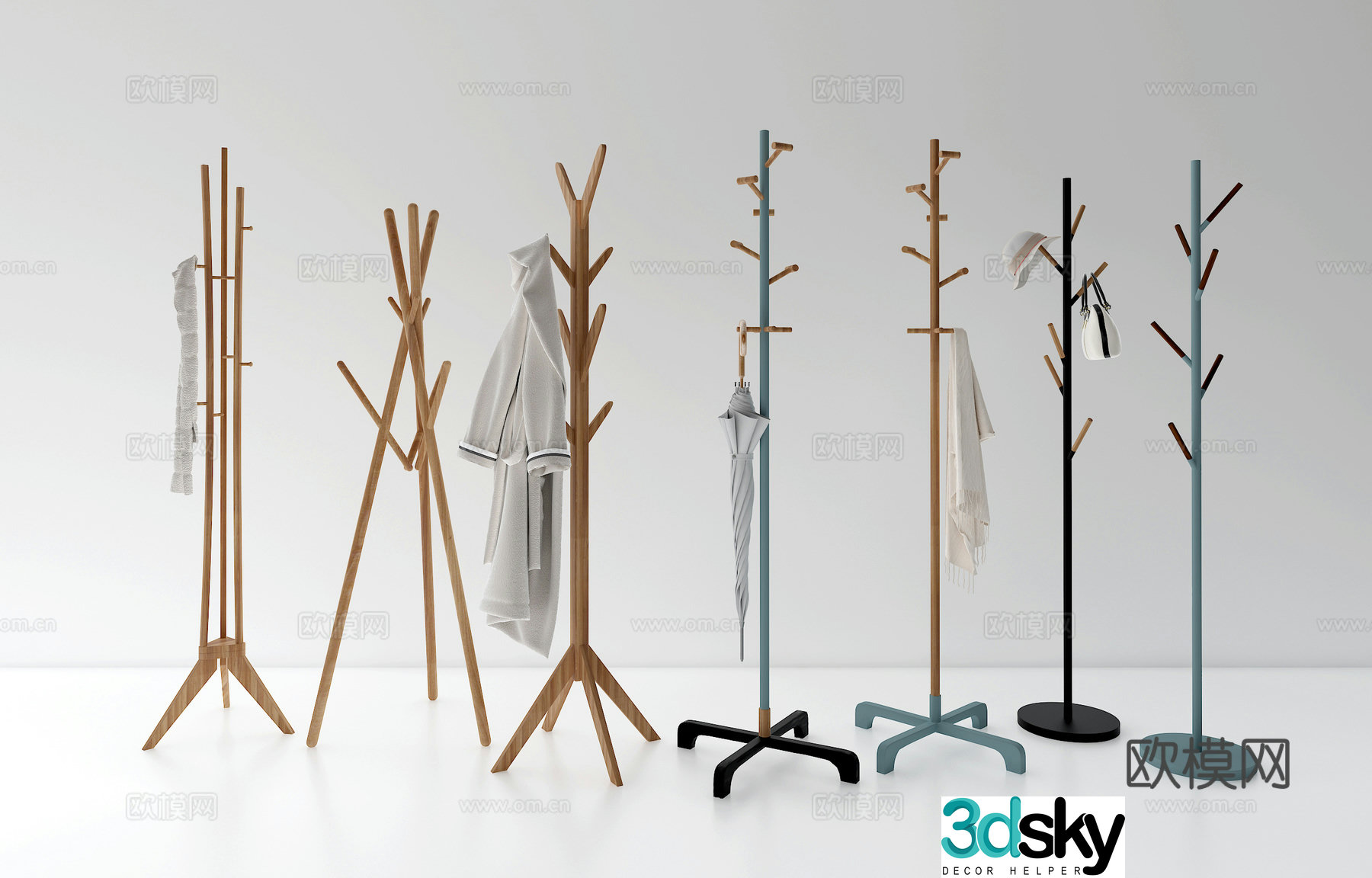 Nordic wooden coat rack floor hanging clothes rack storage rack combination 3D model