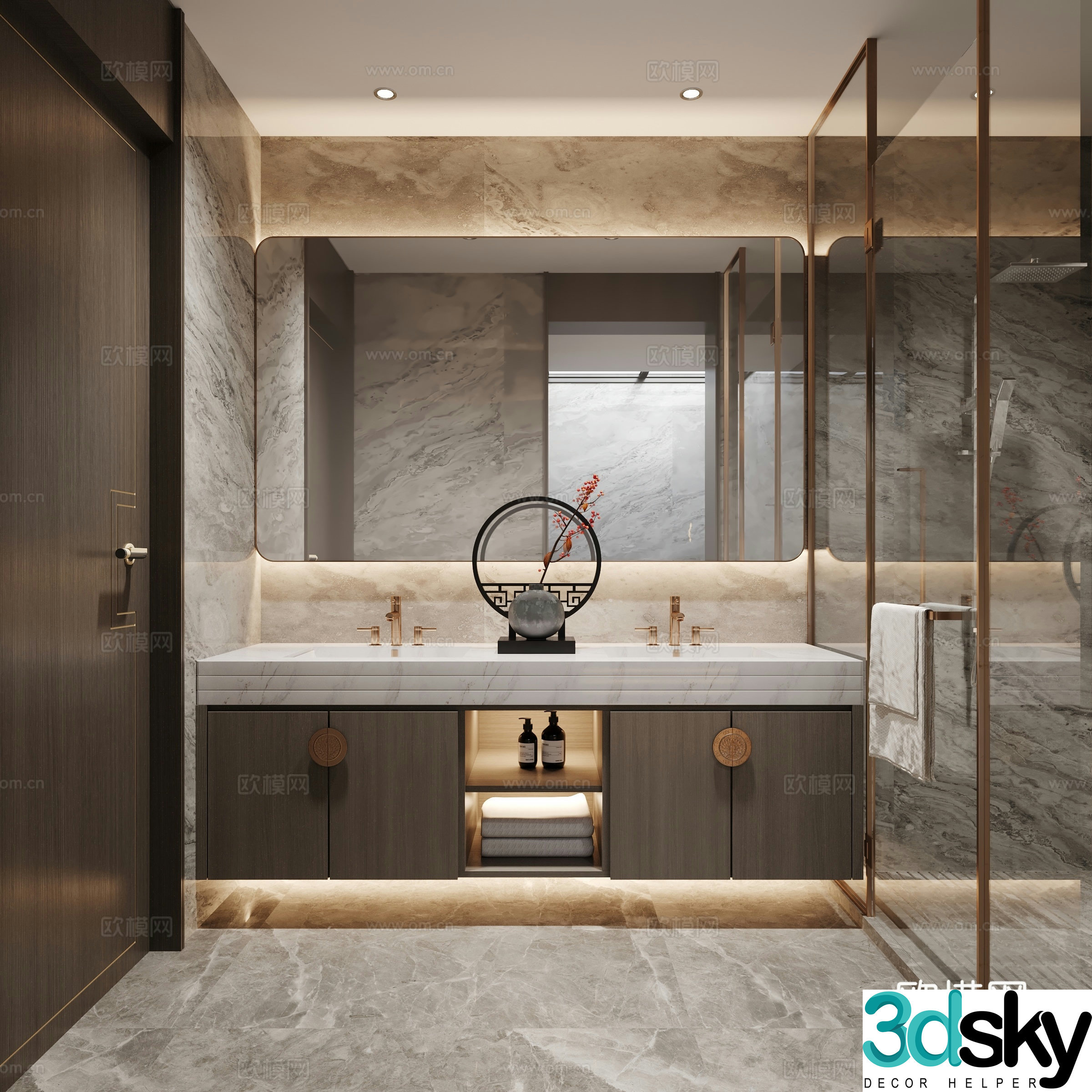 New Chinese style bathroom sink shower cabinet mirror towel faucet new Chinese style ornaments 3D model