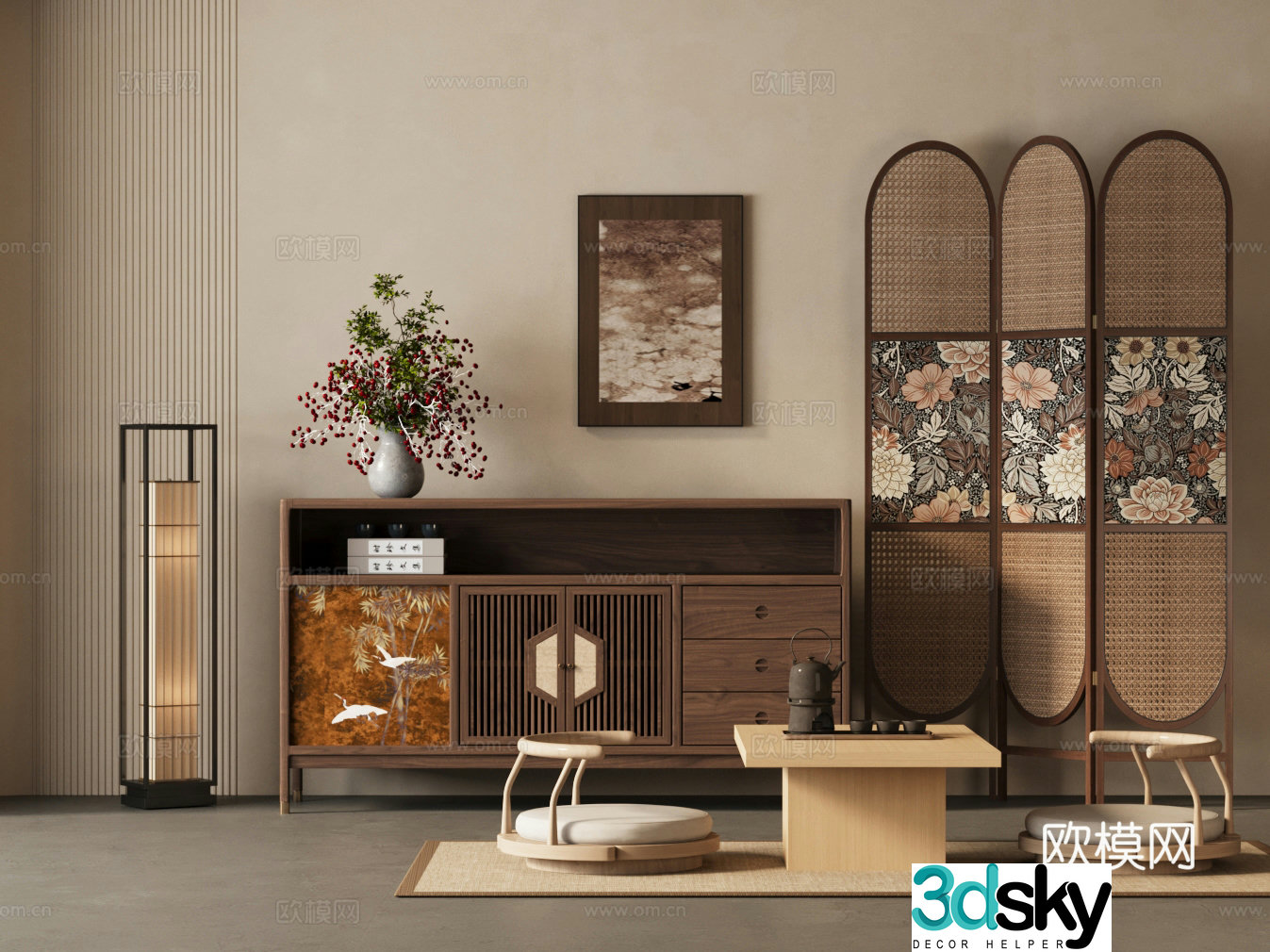 New Chinese style chest of drawers side cabinets folding screens floor lamps floral ornaments tatami tea tables and chairs 3D model
