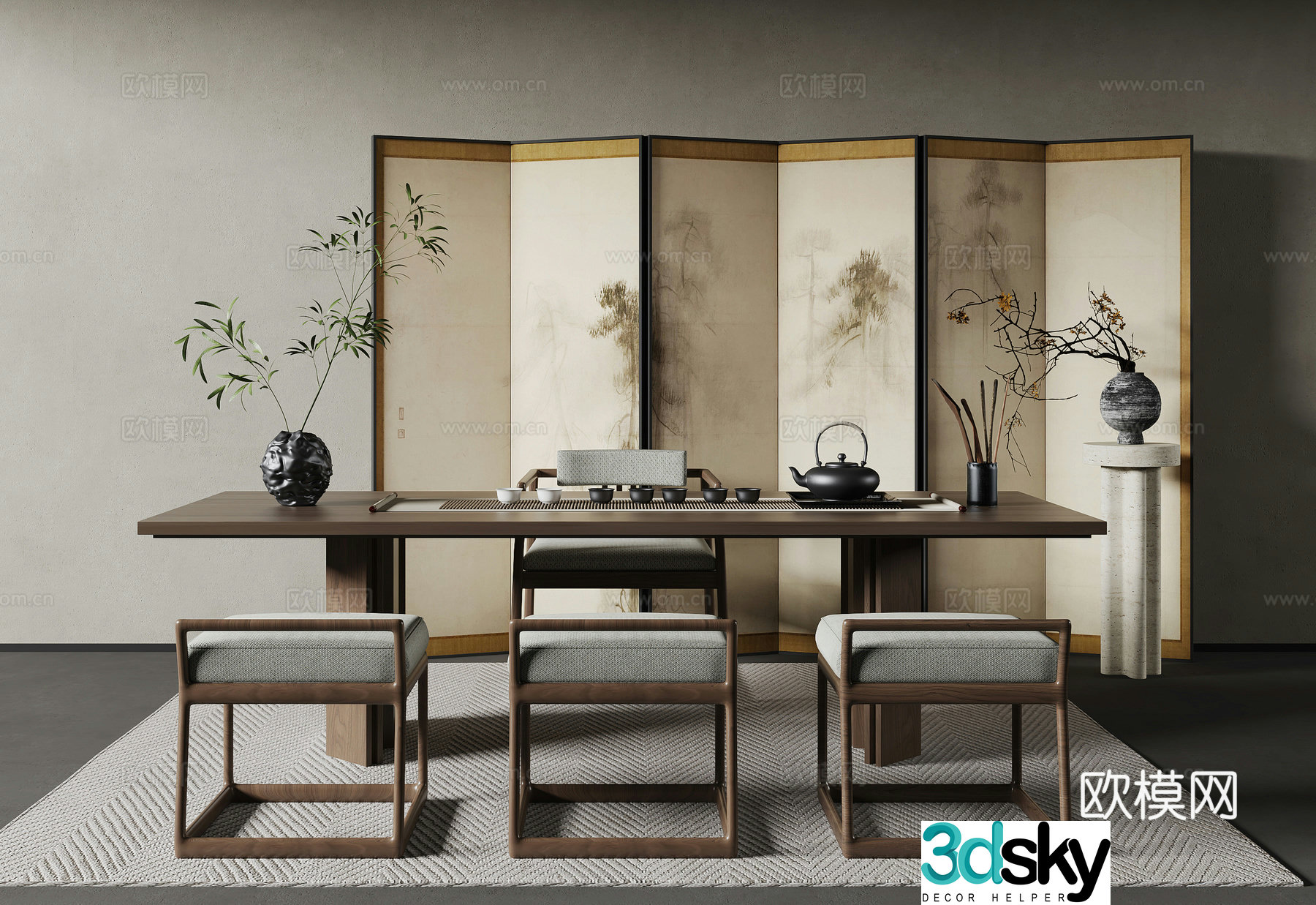 Modern tea table and chair combination screen tea set plant carpet 3d model