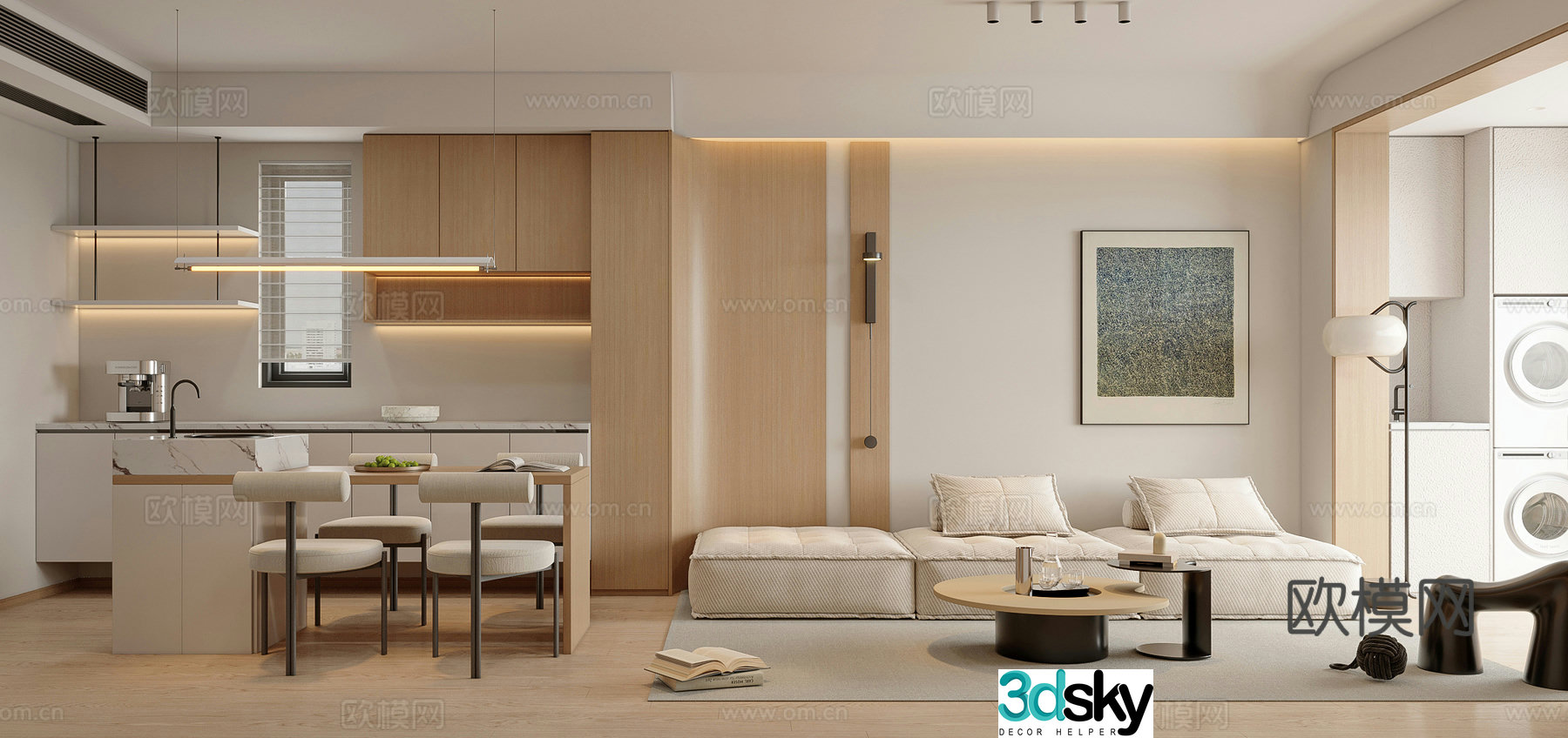 Creamy log living room 3d model