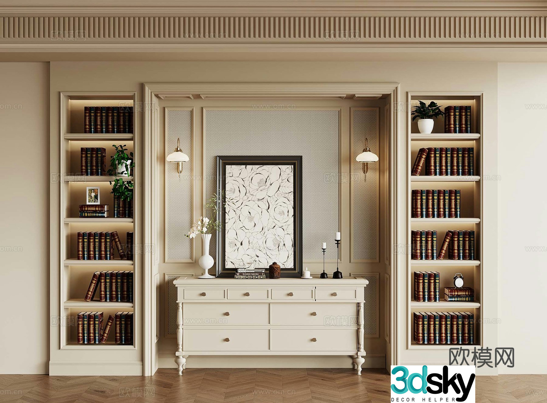01 French Cream Bookcase 3D Model