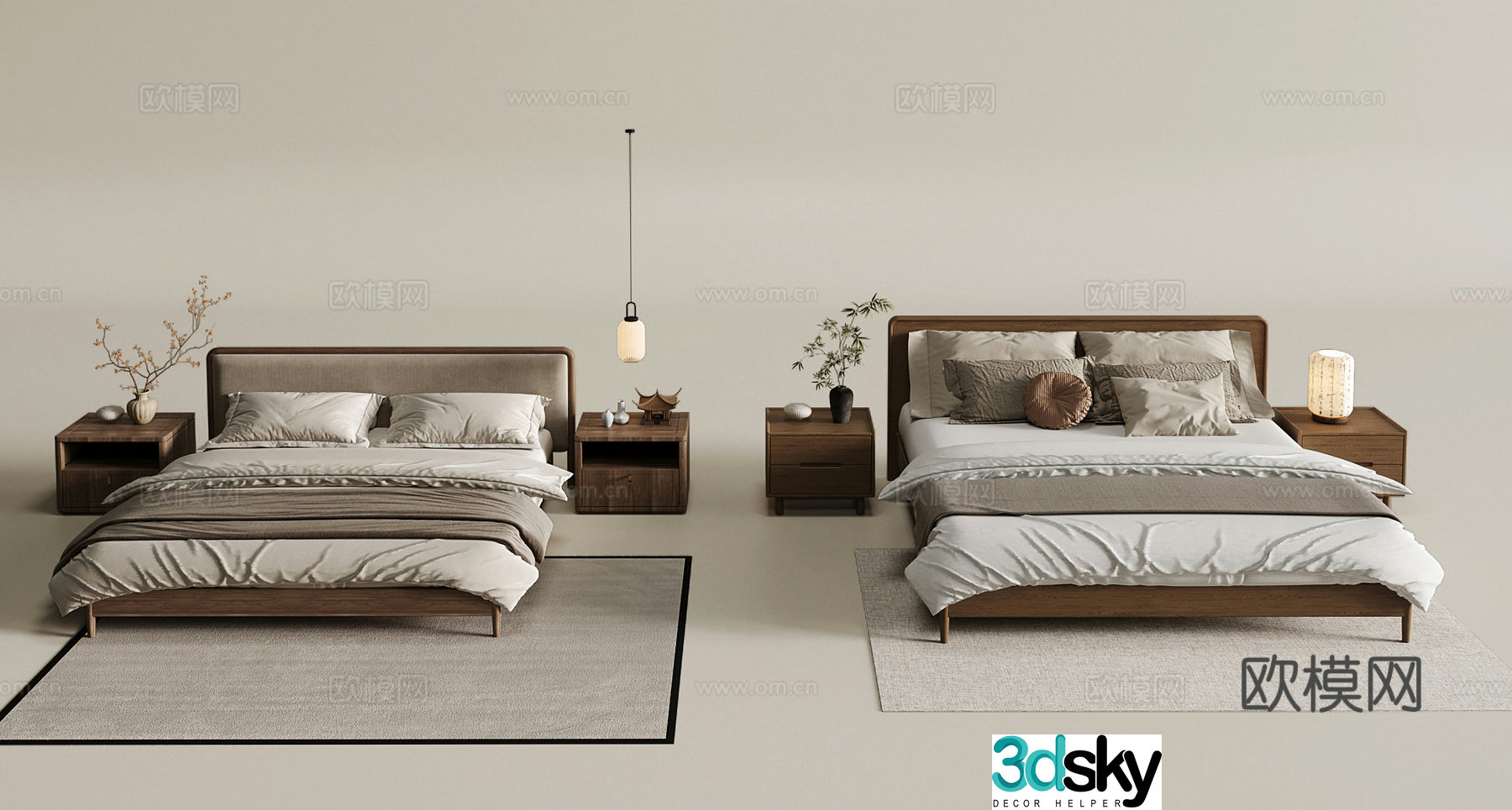 24 new Chinese style double bed bedside table 3D model