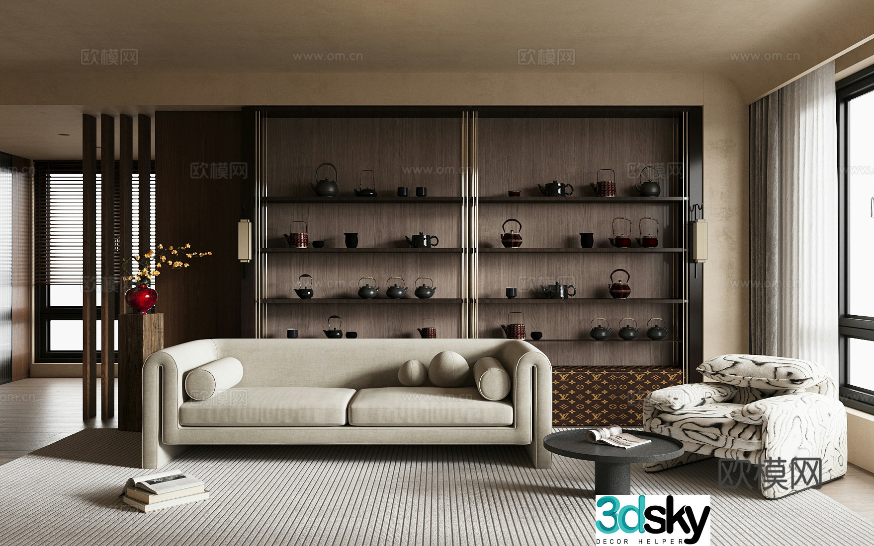Medium-old home living room small living room solid wood tea cabinet sofa tea table combination tea pot tea set 3D model