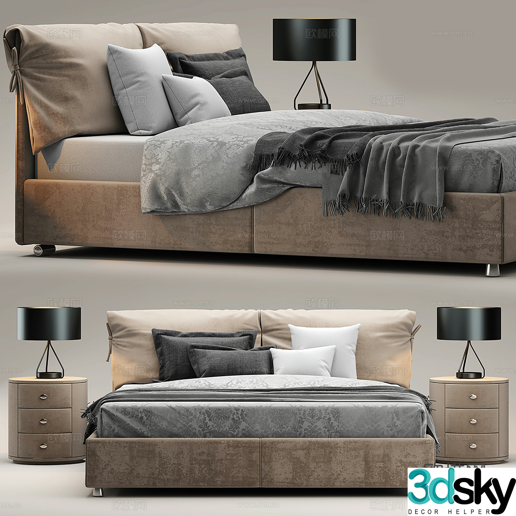 Modern double bed fabric bed bed night counter lamp combination 3D model