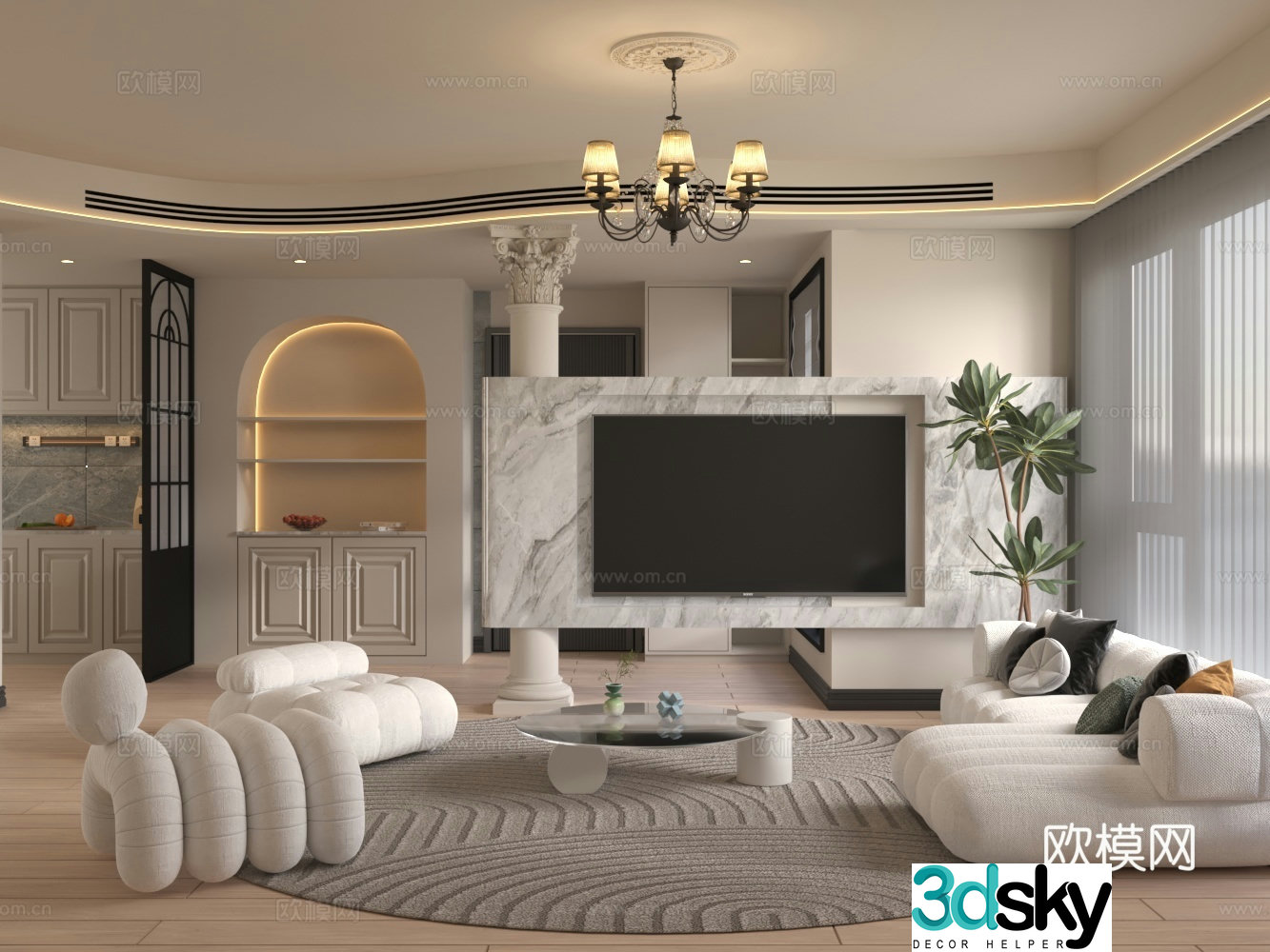 Simple European living room Roman column entrance background wall sofa coffee table combination curved ceiling 3D model