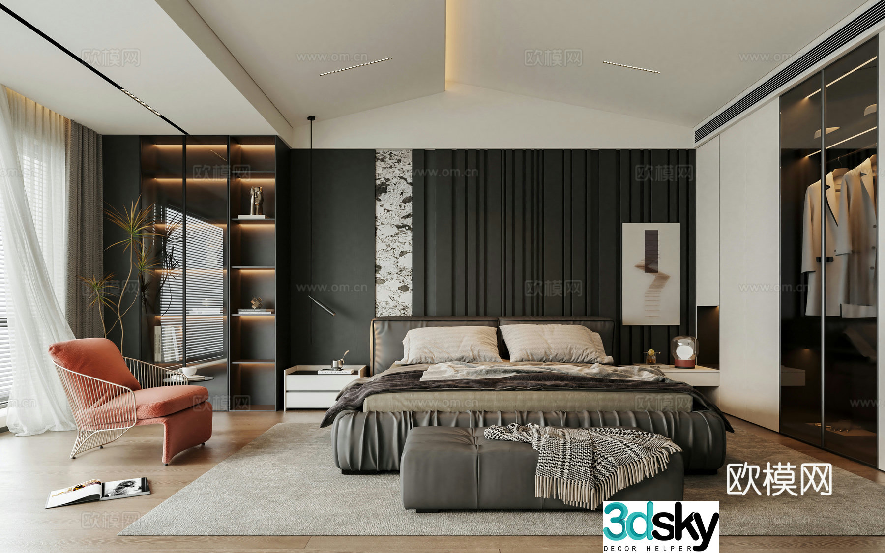 Italian light luxury home bedroom dark wind bedside background wall oblique top bedroom premium gray bedroom 3D model