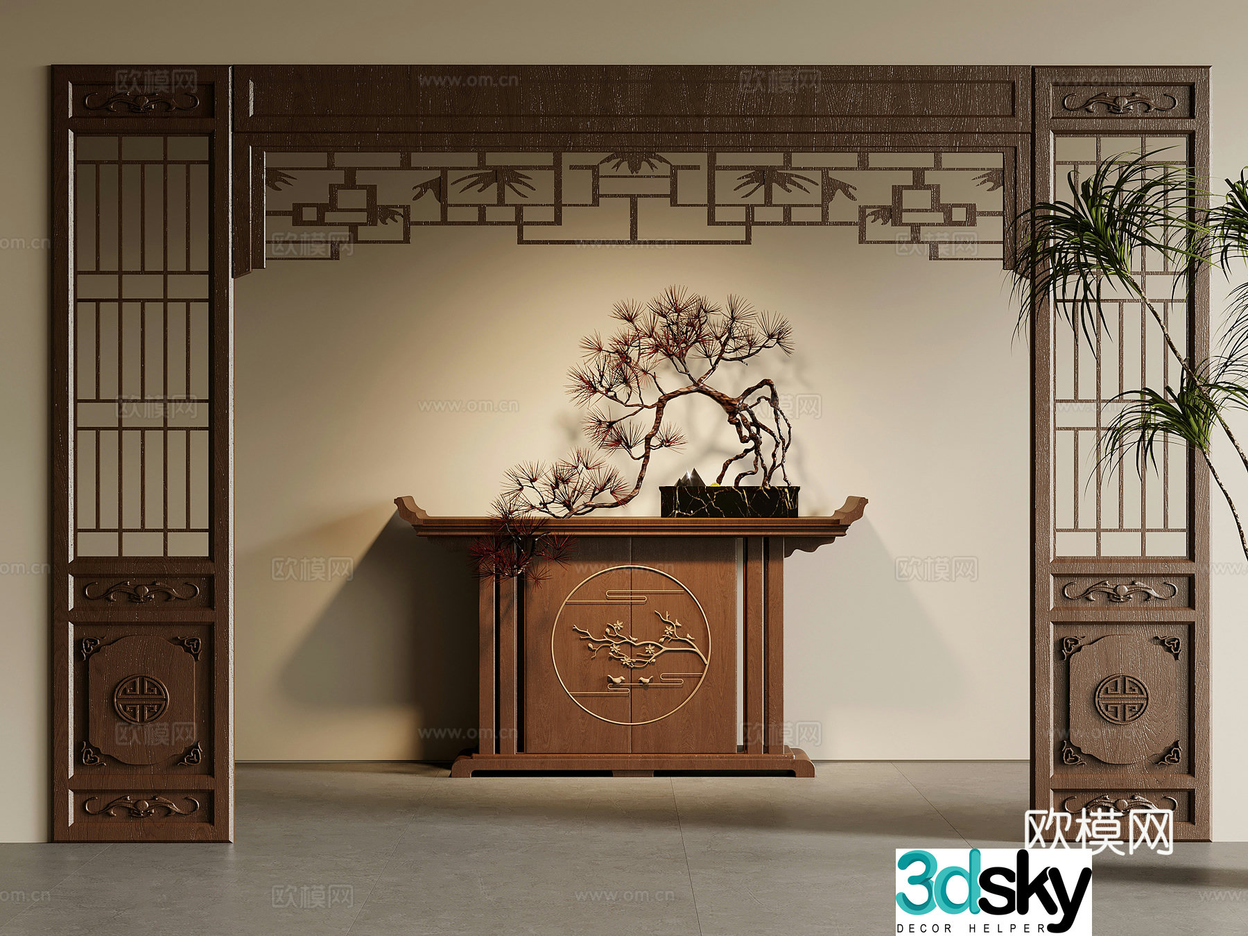02 End viewing platform New Chinese-style End viewing platform Entrance cabinet Grid screen Partition 3D model