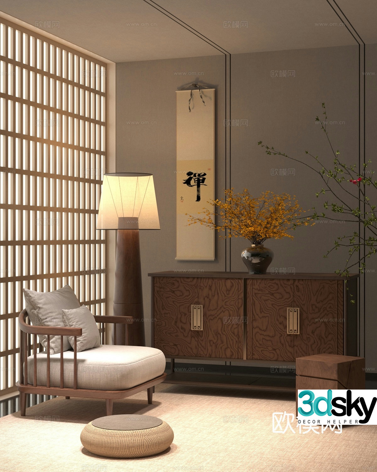 New Chinese style chest of drawers side cabinets single casual chairs floor lamps Chinese flower arrangement 3D model