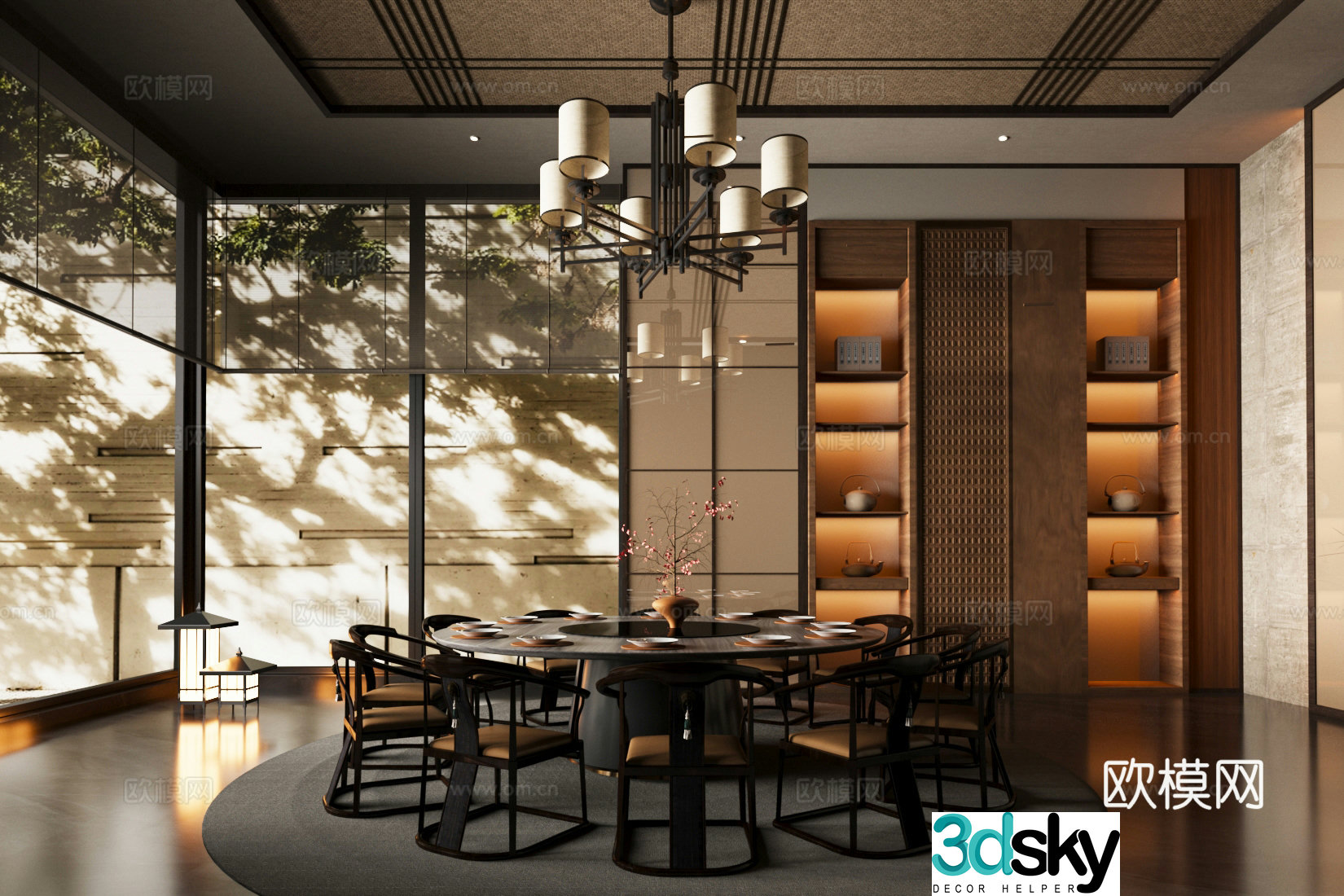 New Chinese-style tea room home tea room club tea room round table tea room tea table and chair combination 3D model