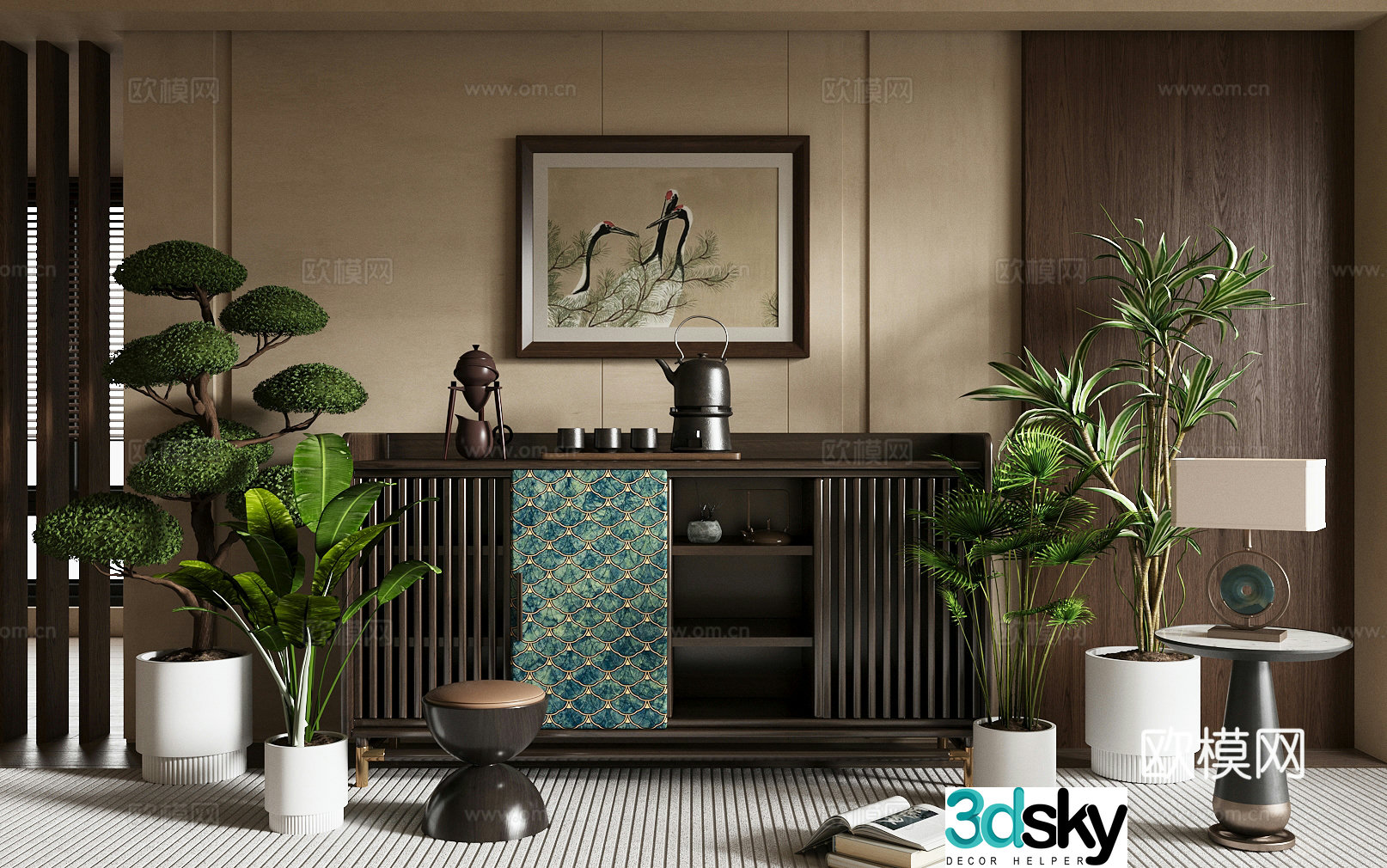New Chinese style chest of drawers side cabinets ornaments combinations Chinese style hanging paintings floral green plants 3D model