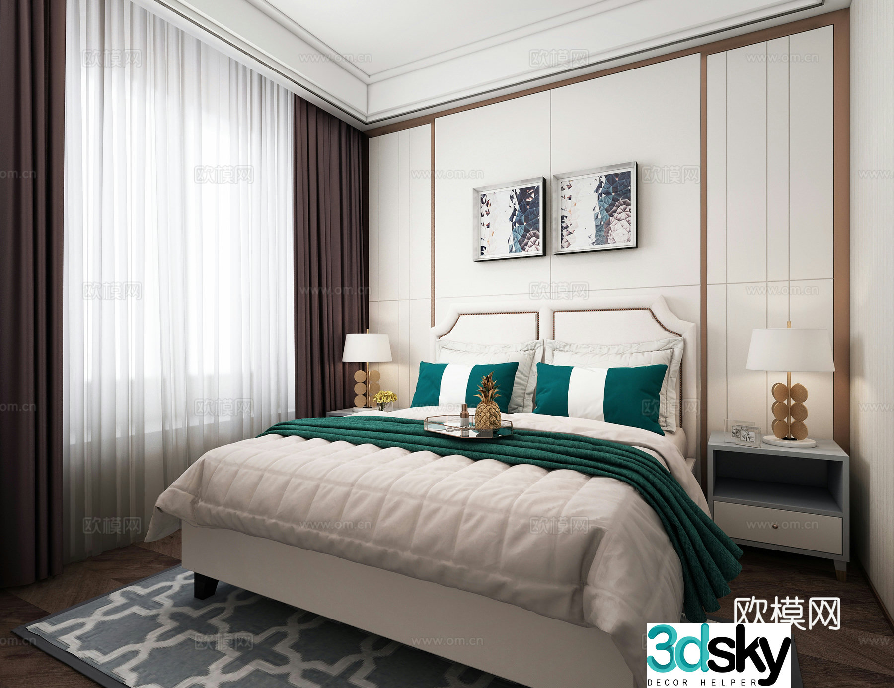 Modern bedroom double bed desk lamp bedside table hanging painting hanging painting wall lamp 3d model