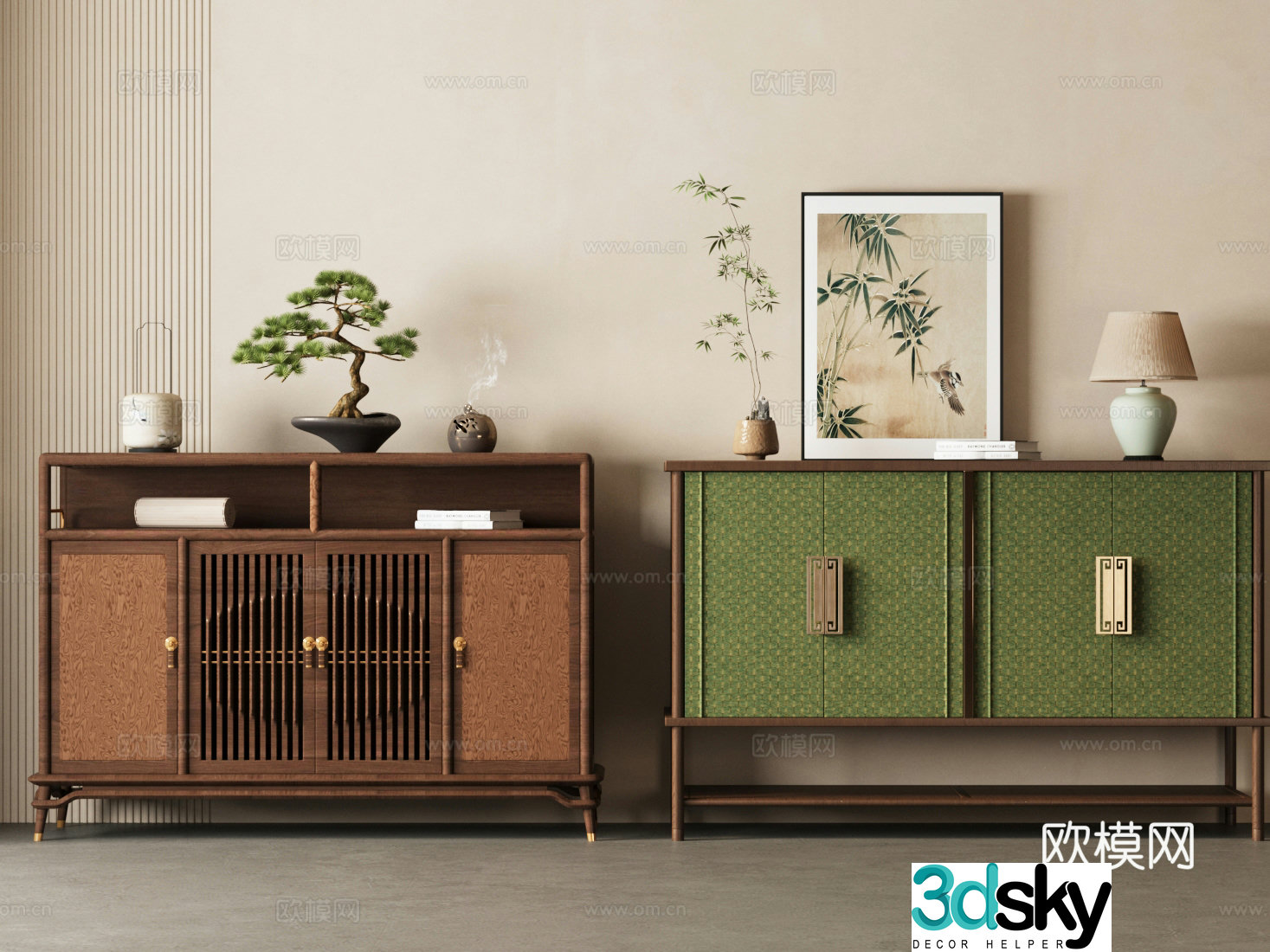 New Chinese style chest of drawers side cabinet ornament combination Polygonum potted plant 3D model