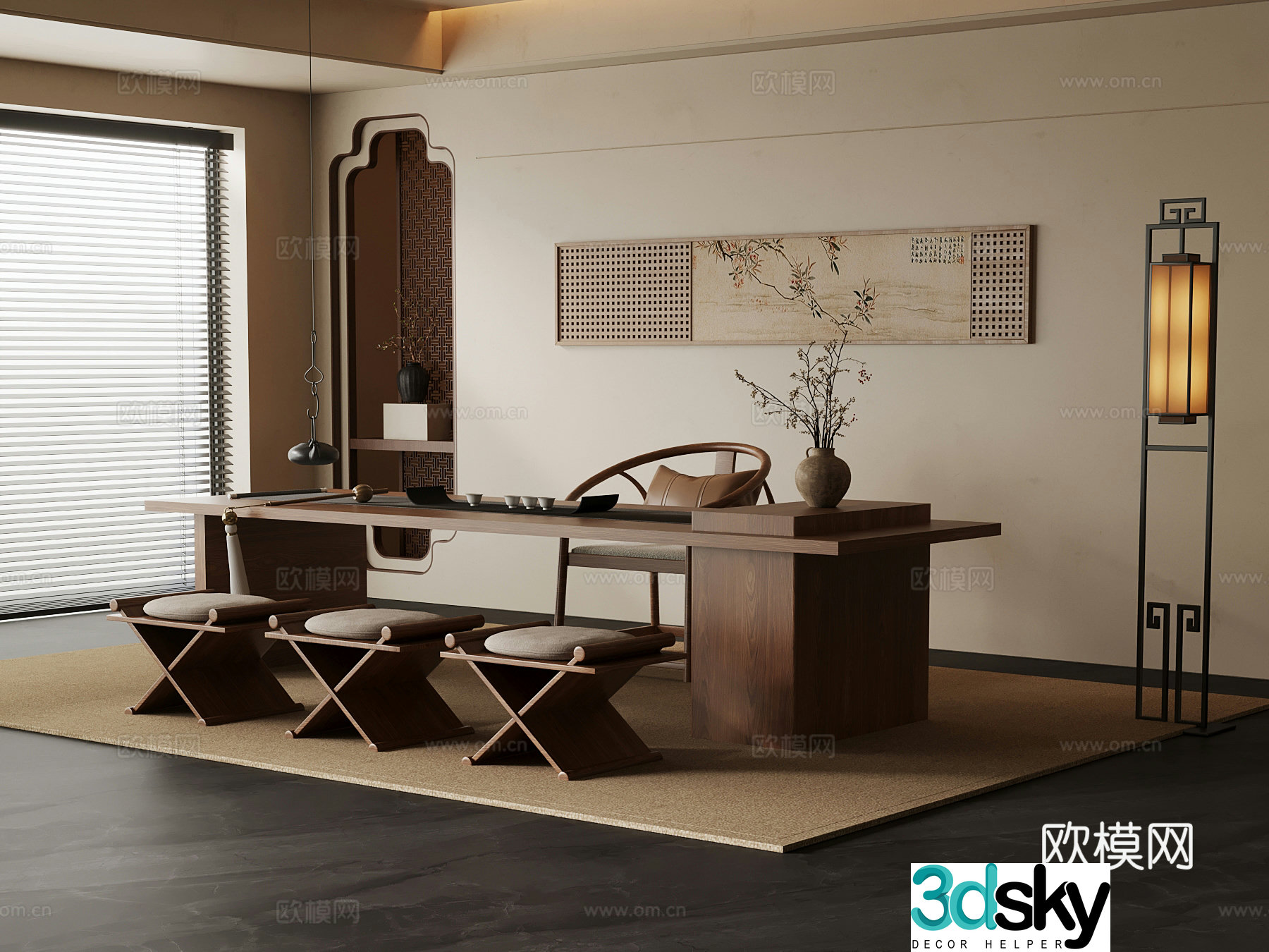 012 Tea Room New Chinese Tea Room Tea Table and Chair 3D Model