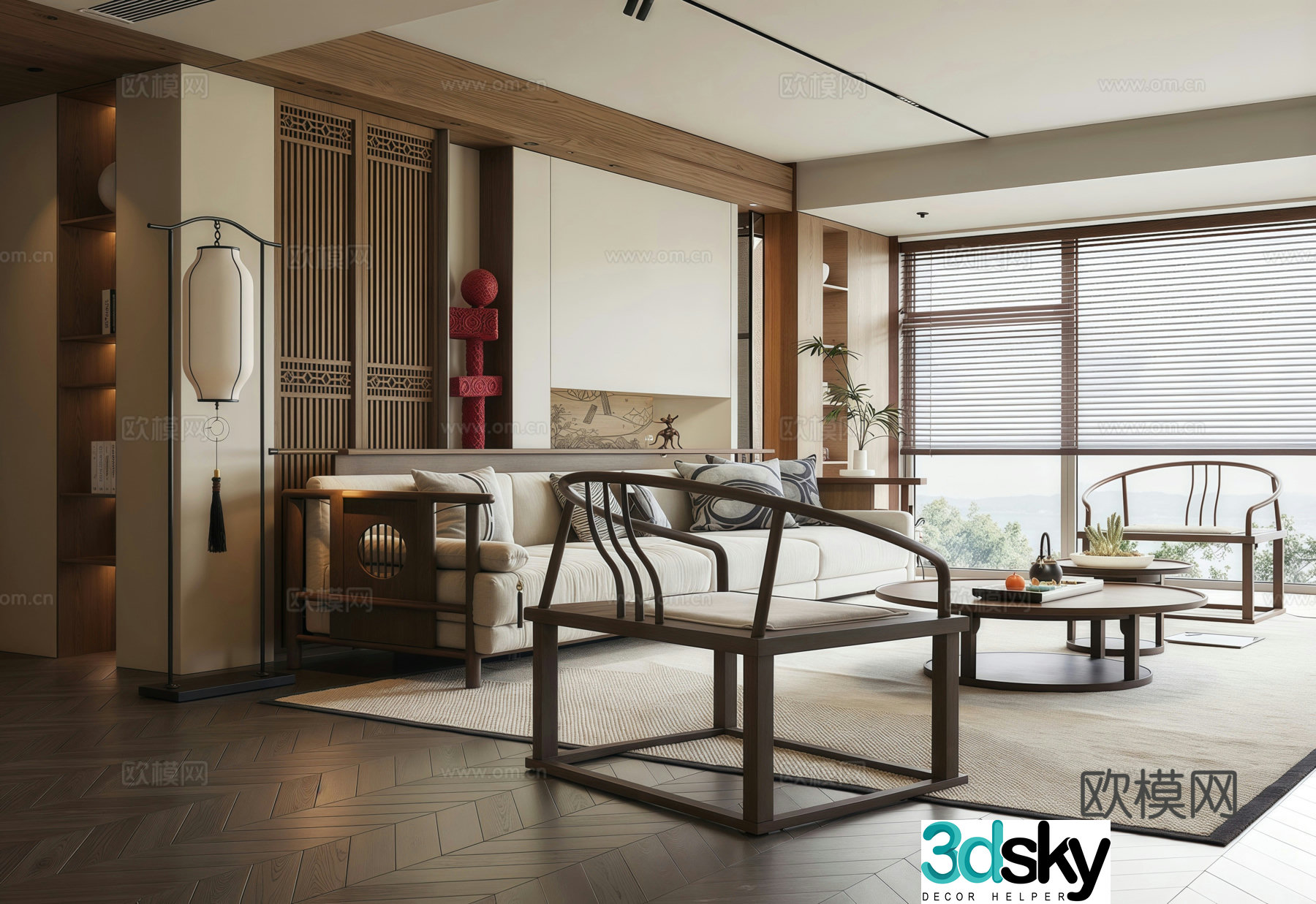 Song style living room sofa coffee table combination floor lamp sofa background wall 3D model