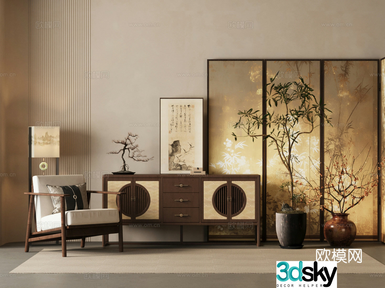 New Chinese style chest of drawers folding screen chest of drawers single casual chair green plant flower art 3D model