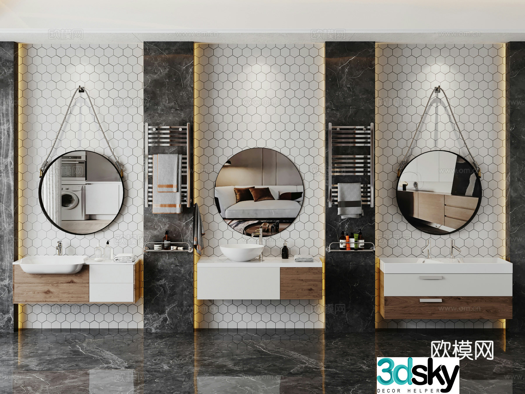 Modern bathroom sink washbasin round mirror towel faucet toiletries 3d model