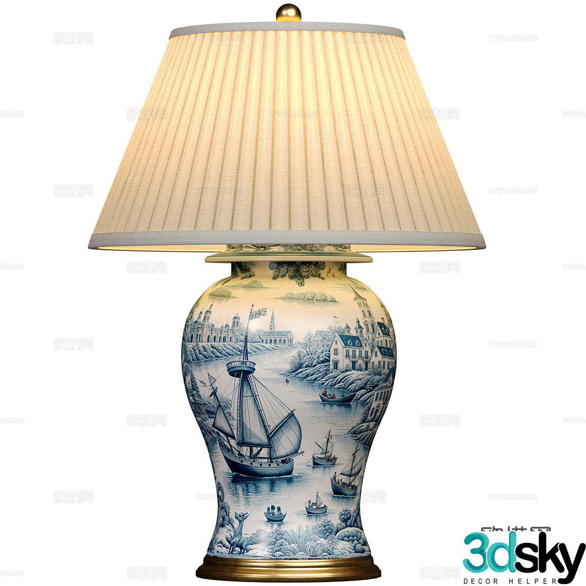 New Chinese style light luxury blue and white porcelain decorative desk lamp 3D model