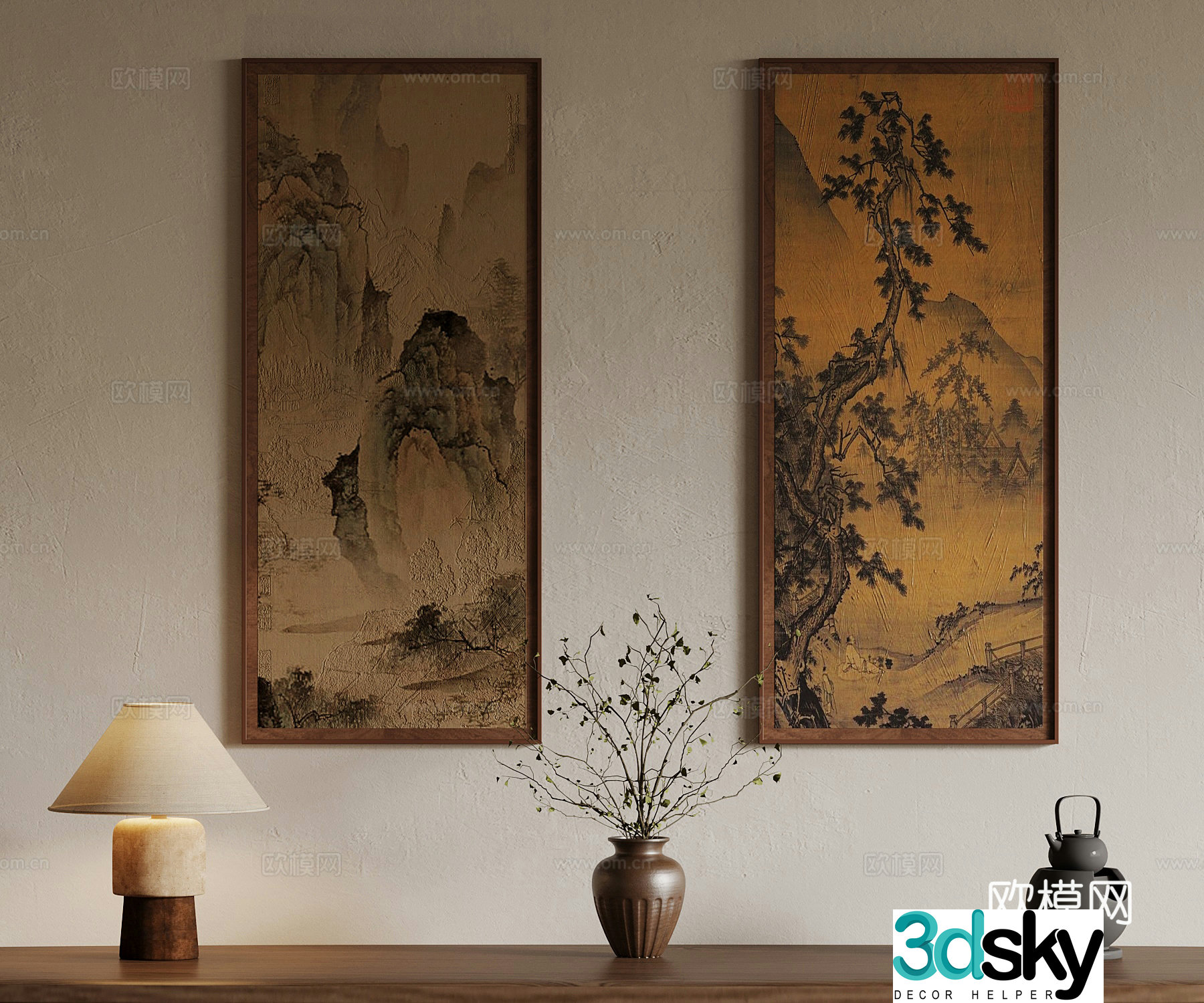 33 new Chinese style hanging paintings vase desk lamp 3d model
