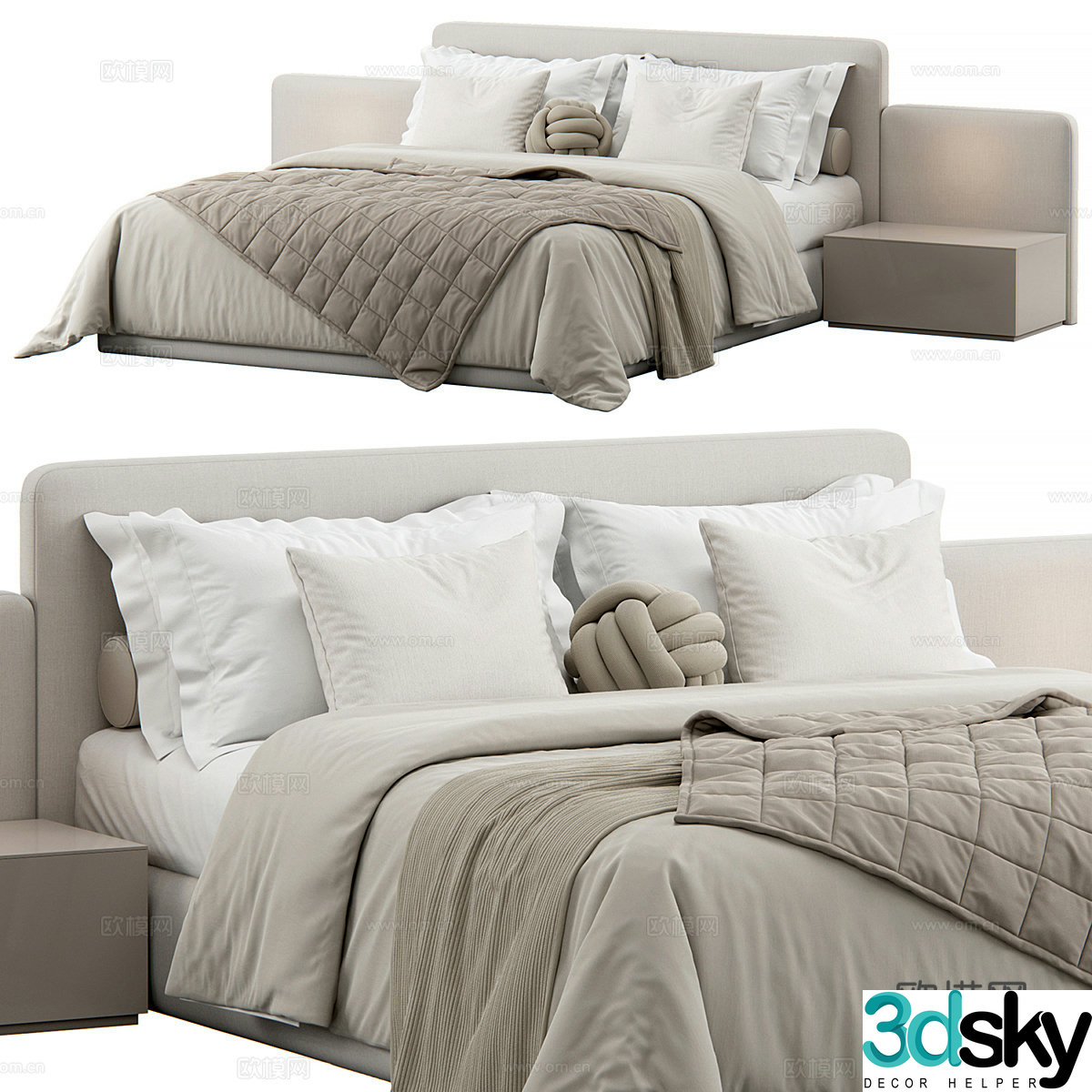 Modern cream style fabric double bed 3d model