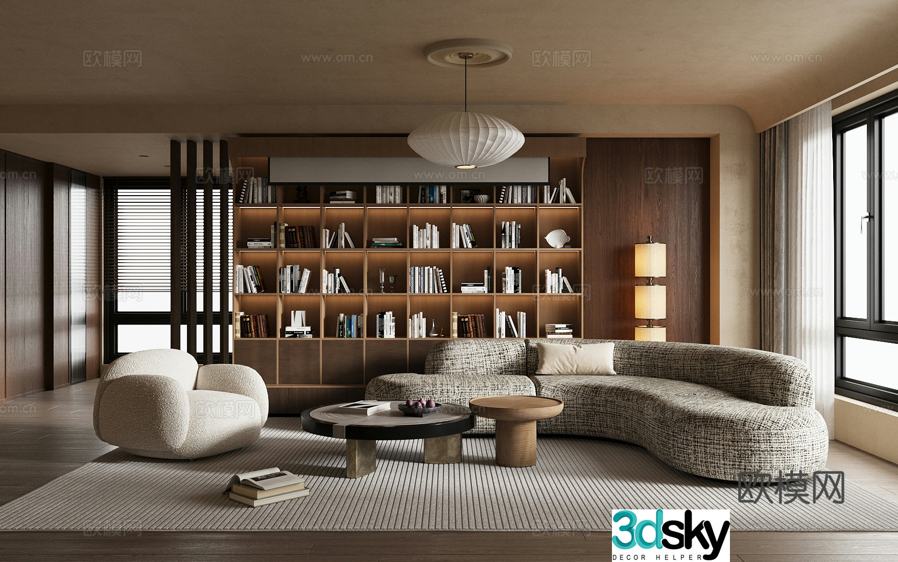 Waviva Home Living Room Small Living Room Warm Color Living Room Sofa Coffee Table Combination Solid Wood Bookcase 3D Model