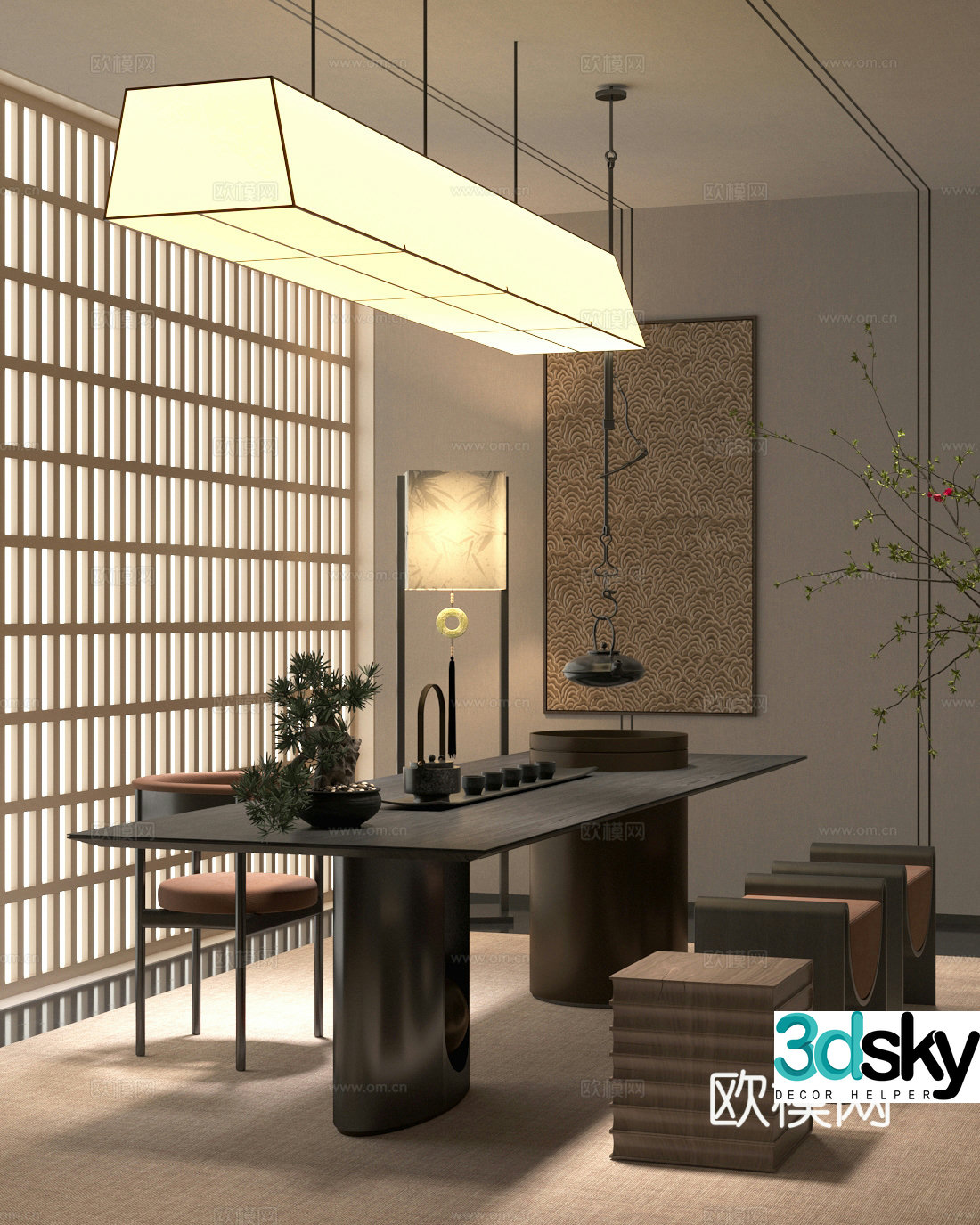 New Chinese-style tea room indoor tea room tea table and chair combination chandelier tea set combination floor lamp 3D model