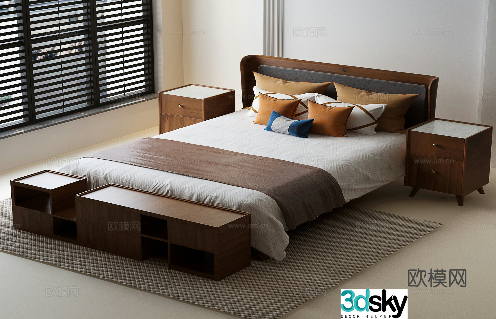 New Chinese style bed Song’s aesthetic double bed New Chinese style double bed New Chinese style bedside table Song’s beauty 3D model