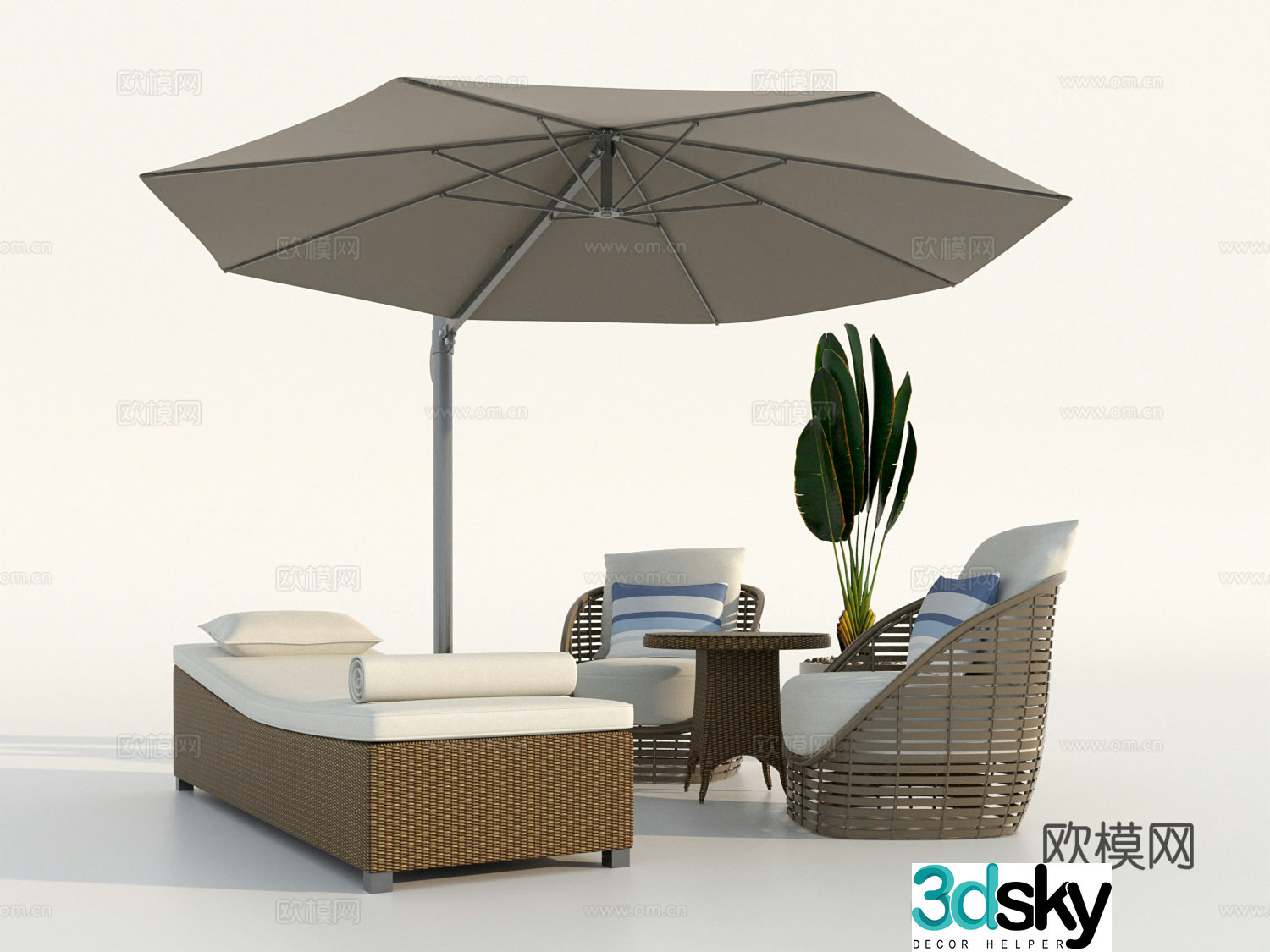 Modern outdoor leisure chair sun umbrella recliner bed combination 3D model