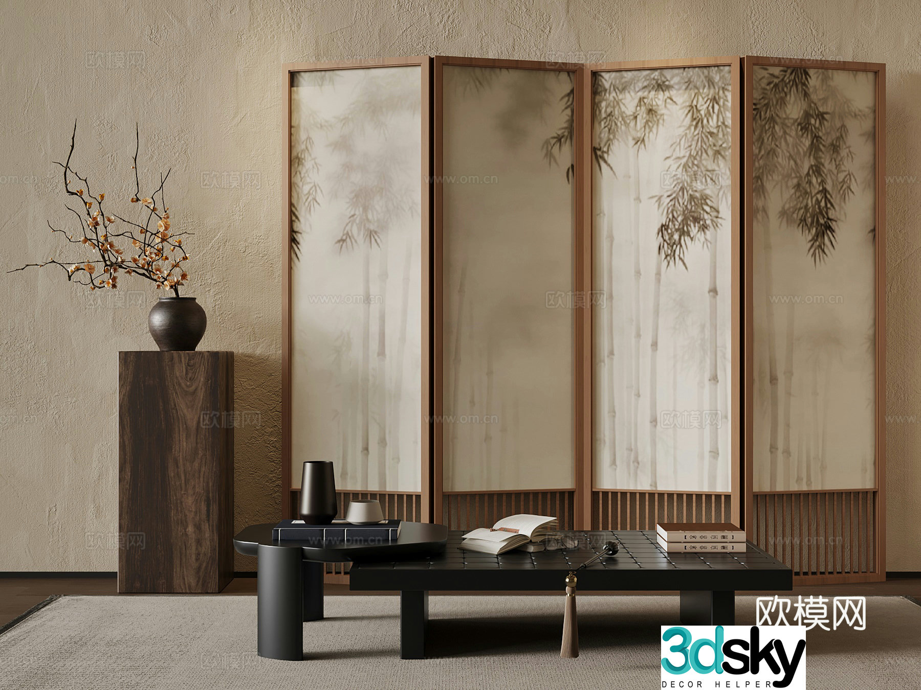 07 New Chinese-style screen Coffee table Vase 3D model