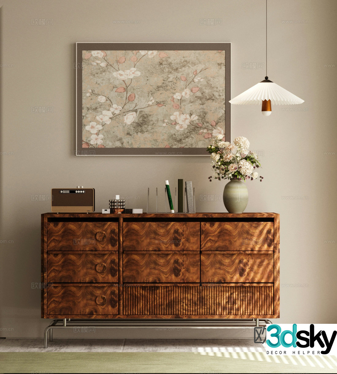 Middle-aged style chest of drawers side cabinet chandeliers floral ornaments medieval hanging painting ornaments combination 3D model