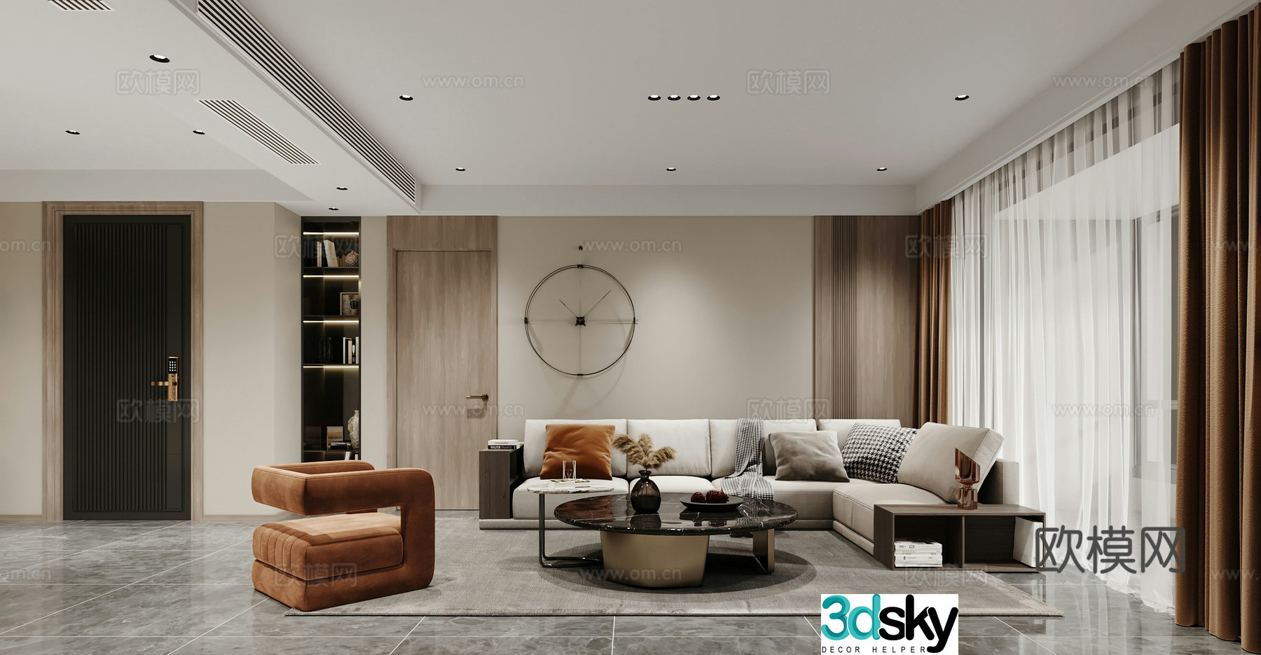 Modern living room L-shaped sofa single chair coffee table clock entrance door modern ornament 3d model
