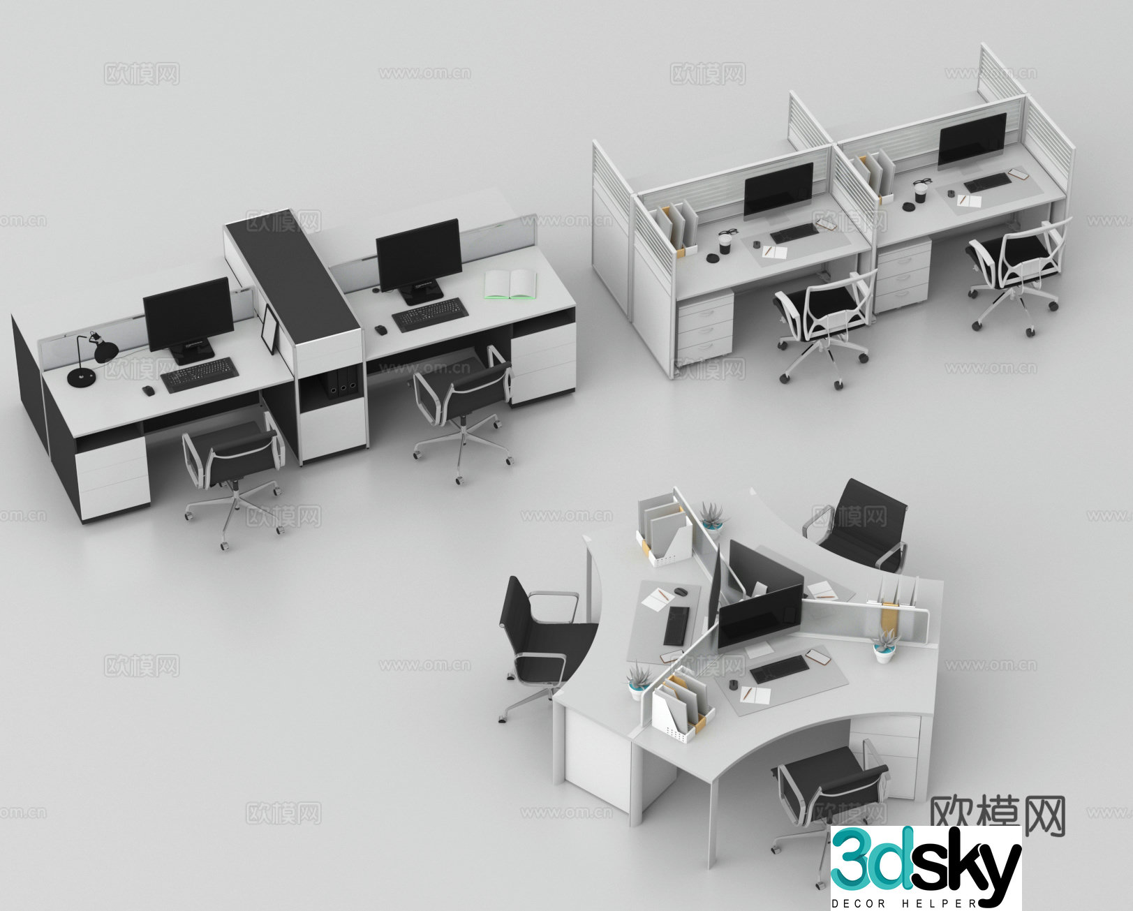 Office desk chairs workstations staff positions posts table tables 3D model