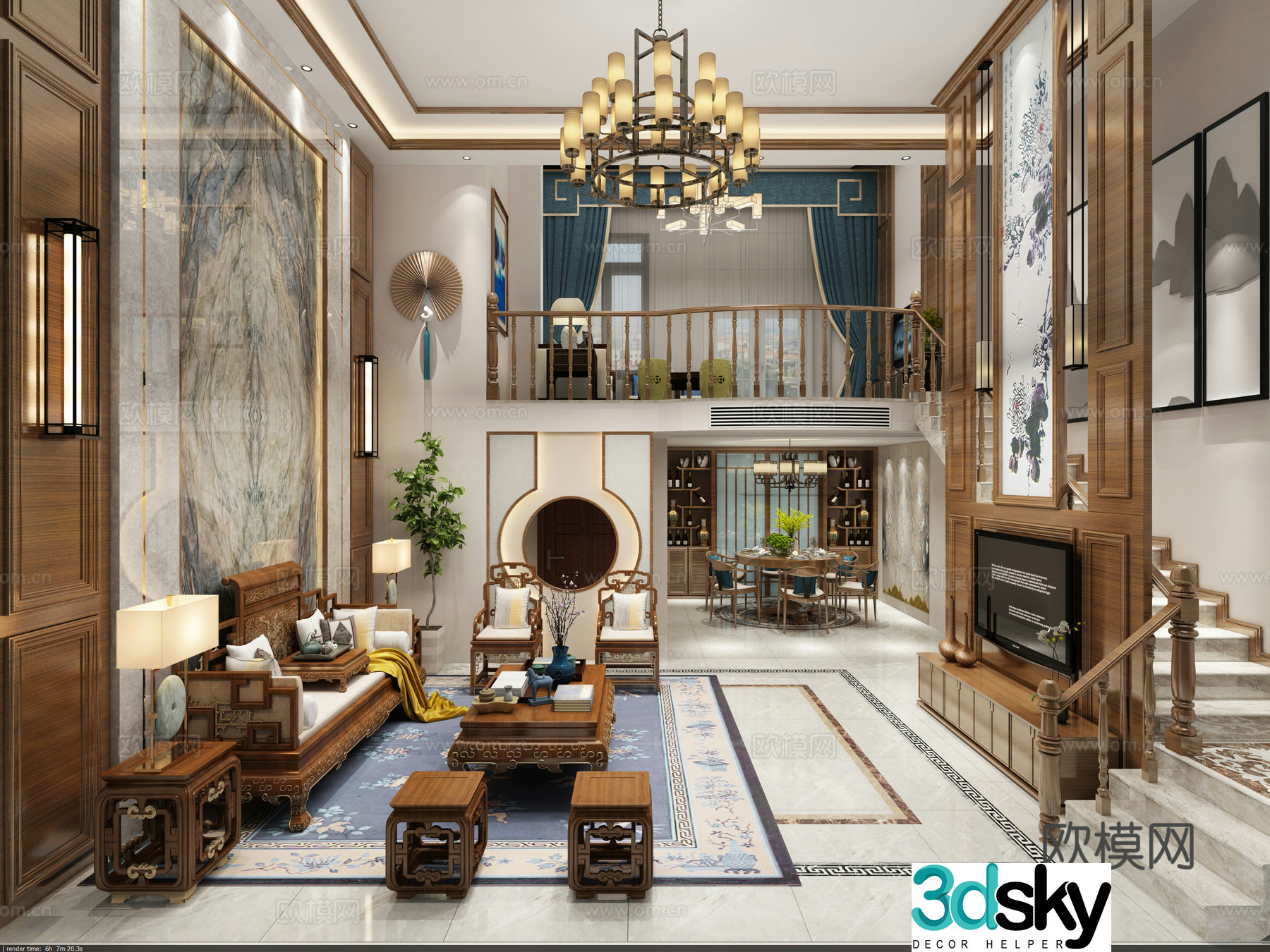 Chinese living room dining table chair sofa coffee table chandelier desktop ornament 3D model of hanging paintings
