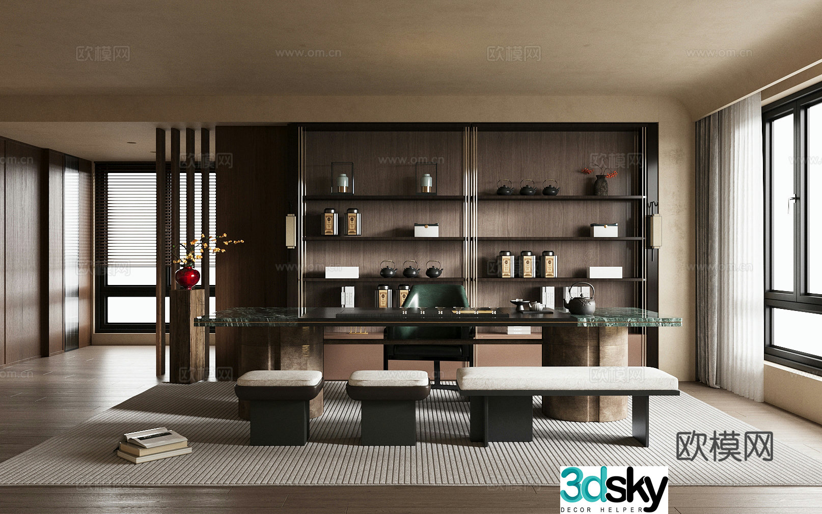 New Chinese-style tea room home tea room tea table and chair combination solid wood tea cabinet tea set combination 3D model