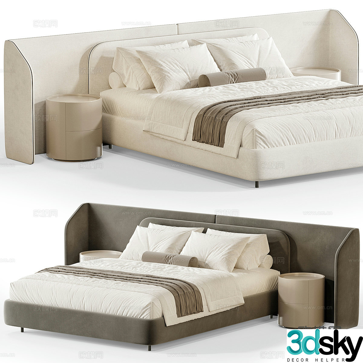Modern Italian cream style fabric double bed 3d model