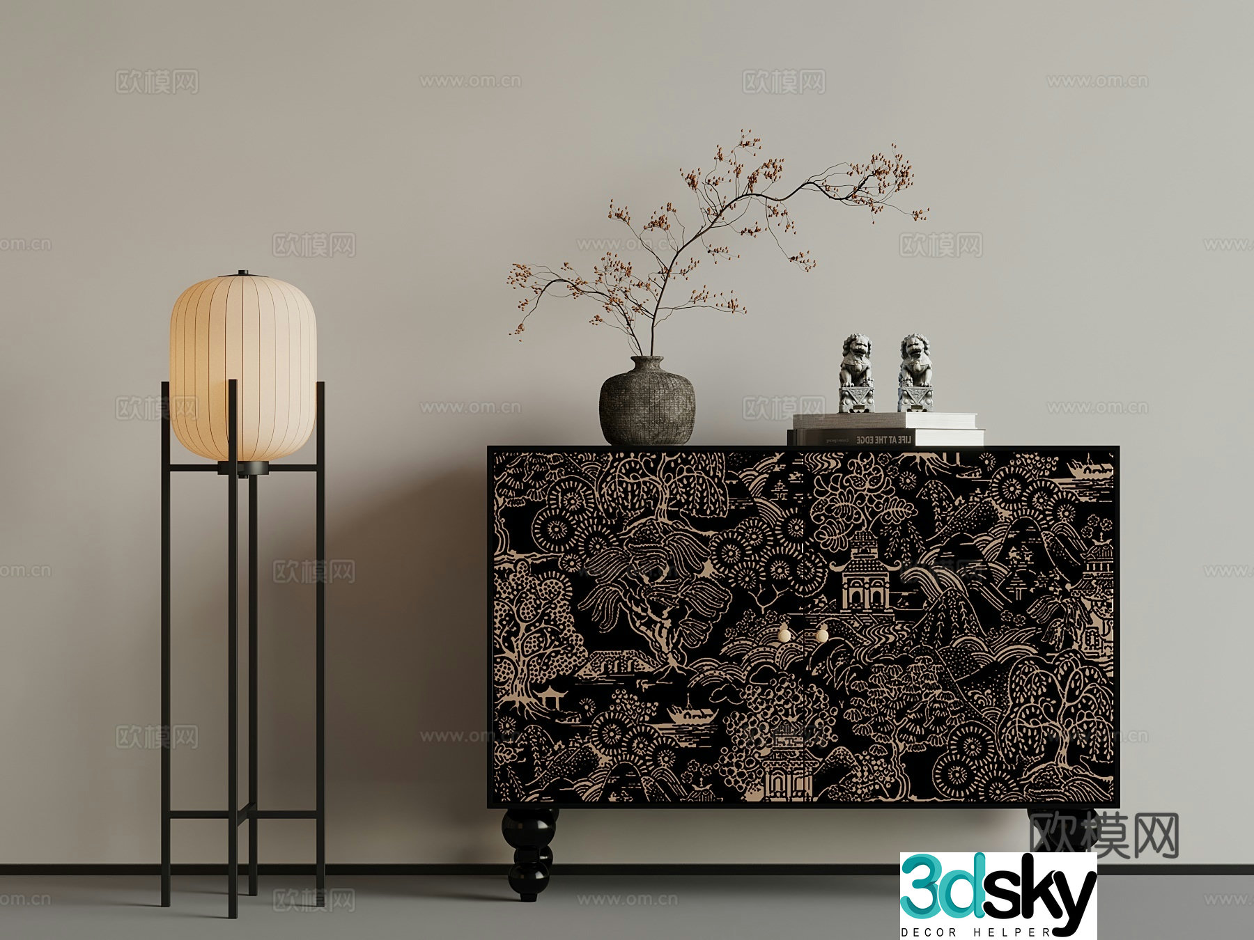 23 new Chinese style entrance cabinet decorative cabinet side cabinet floor lamp 3D model